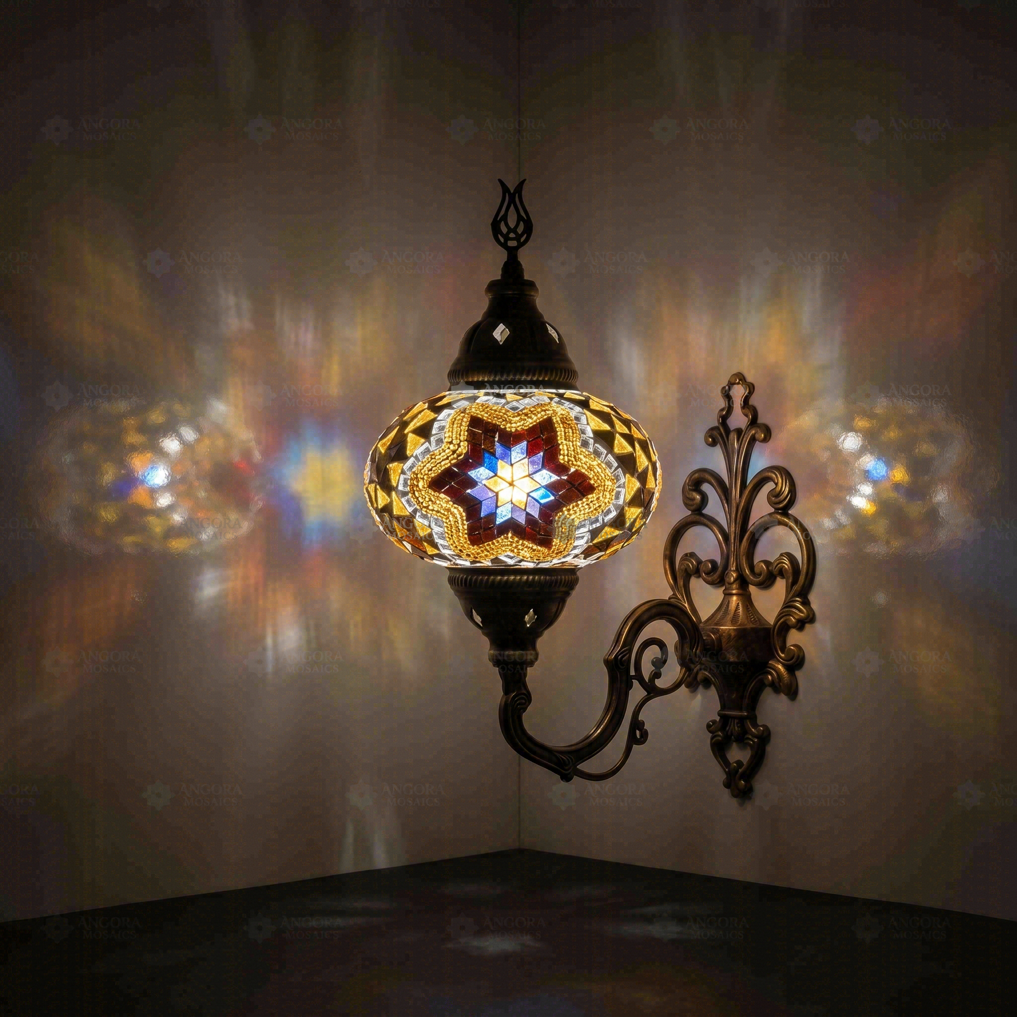 Warm Tones Turkish mosaic wall sconce illuminated, showing colorful light projection (ENV APN3063)