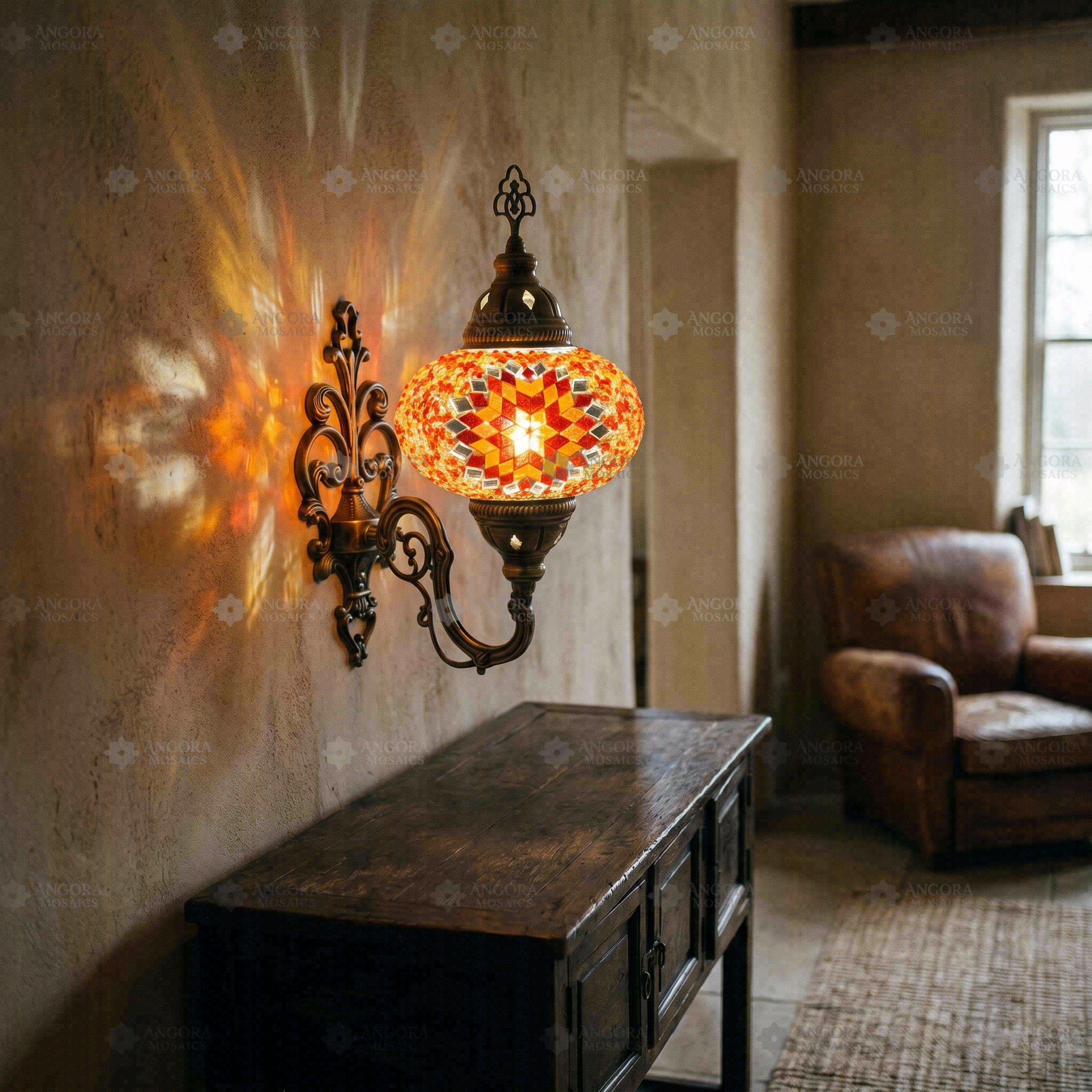 Amber warm amber Turkish mosaic wall sconce in styled room — handmade Moroccan wall sconce (ENV APN3065)