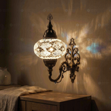White white glow Turkish mosaic wall sconce in styled room — handmade Moroccan wall sconce (ENV APN3068)