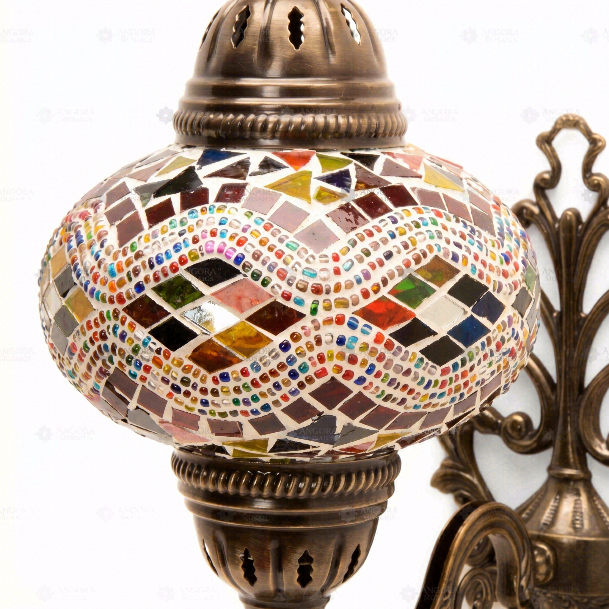 Close-up of Multicolor multicolor jewel mosaic glass globe pattern — wall sconce (ENV APN3074)