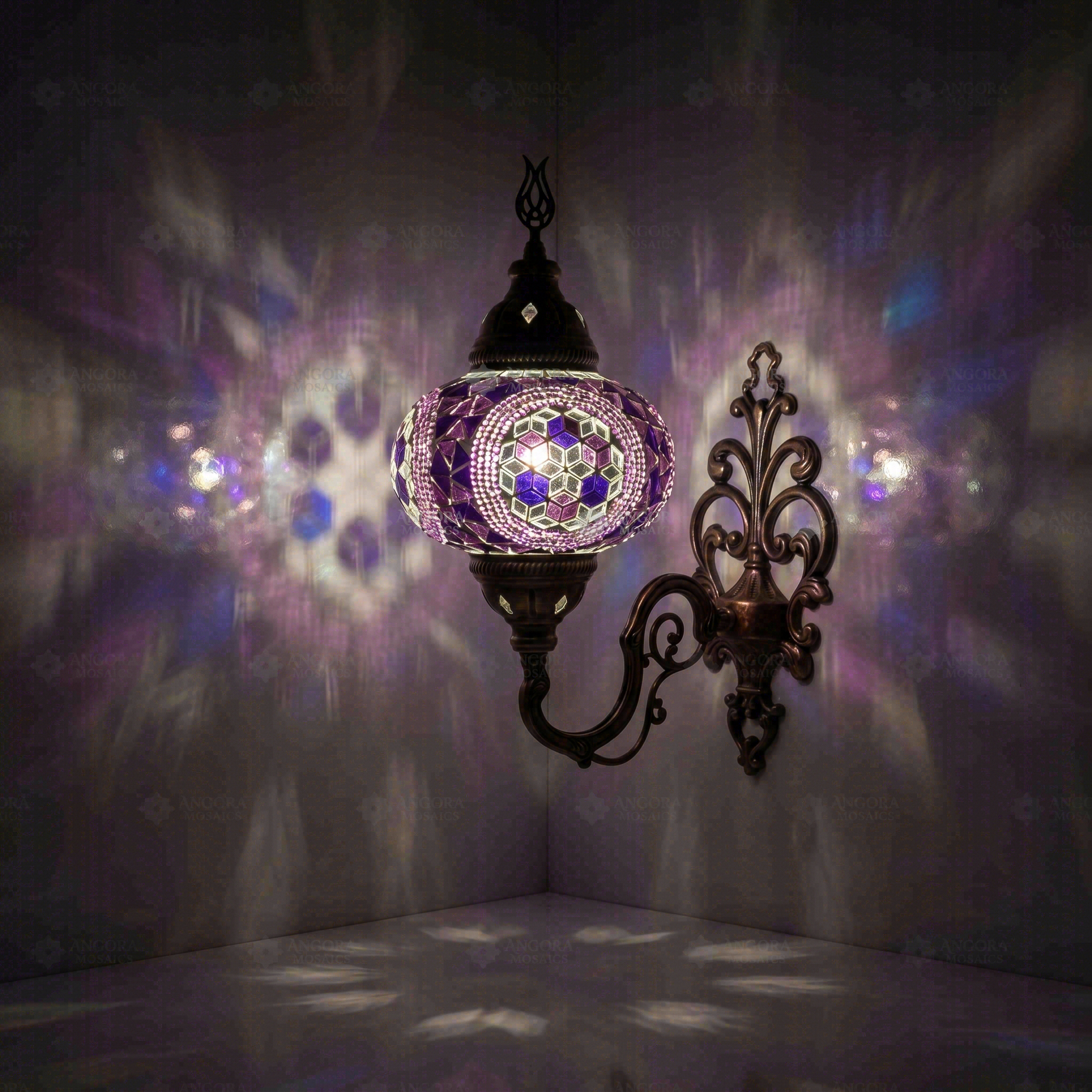 Purple Turkish mosaic wall sconce illuminated, showing colorful light projection (ENV APN3087)