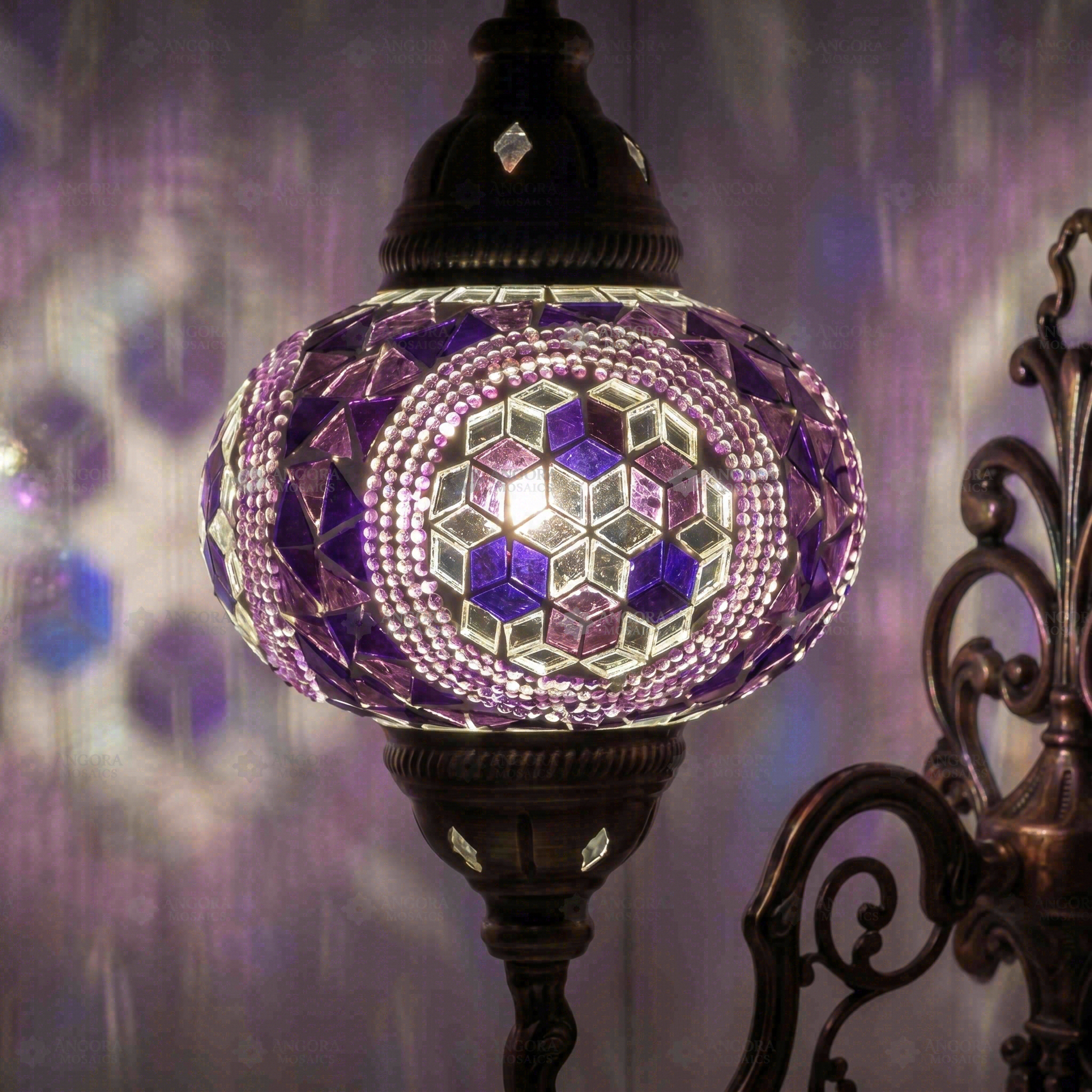 Lit close-up of mosaic glass globe — Purple wall sconce glowing (ENV APN3087)