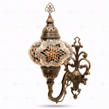 Full view of handmade Amber warm amber Turkish mosaic wall sconce on white background (ENV APN3088)