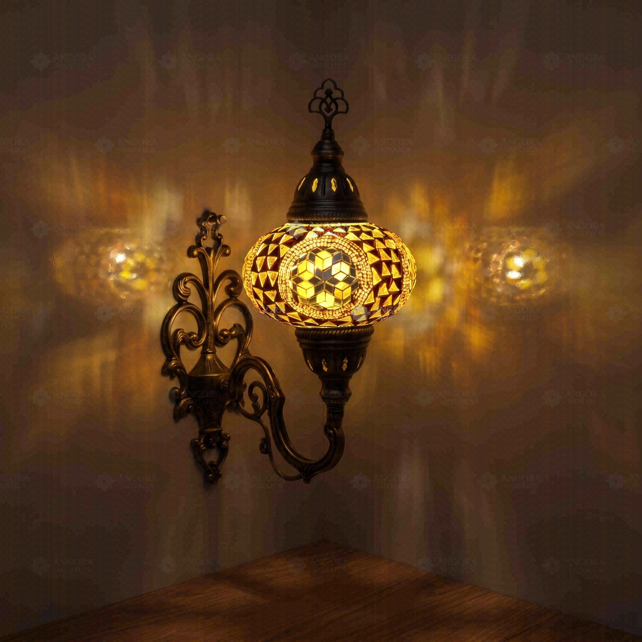 Amber Turkish mosaic wall sconce illuminated, showing colorful light projection (ENV APN3089)