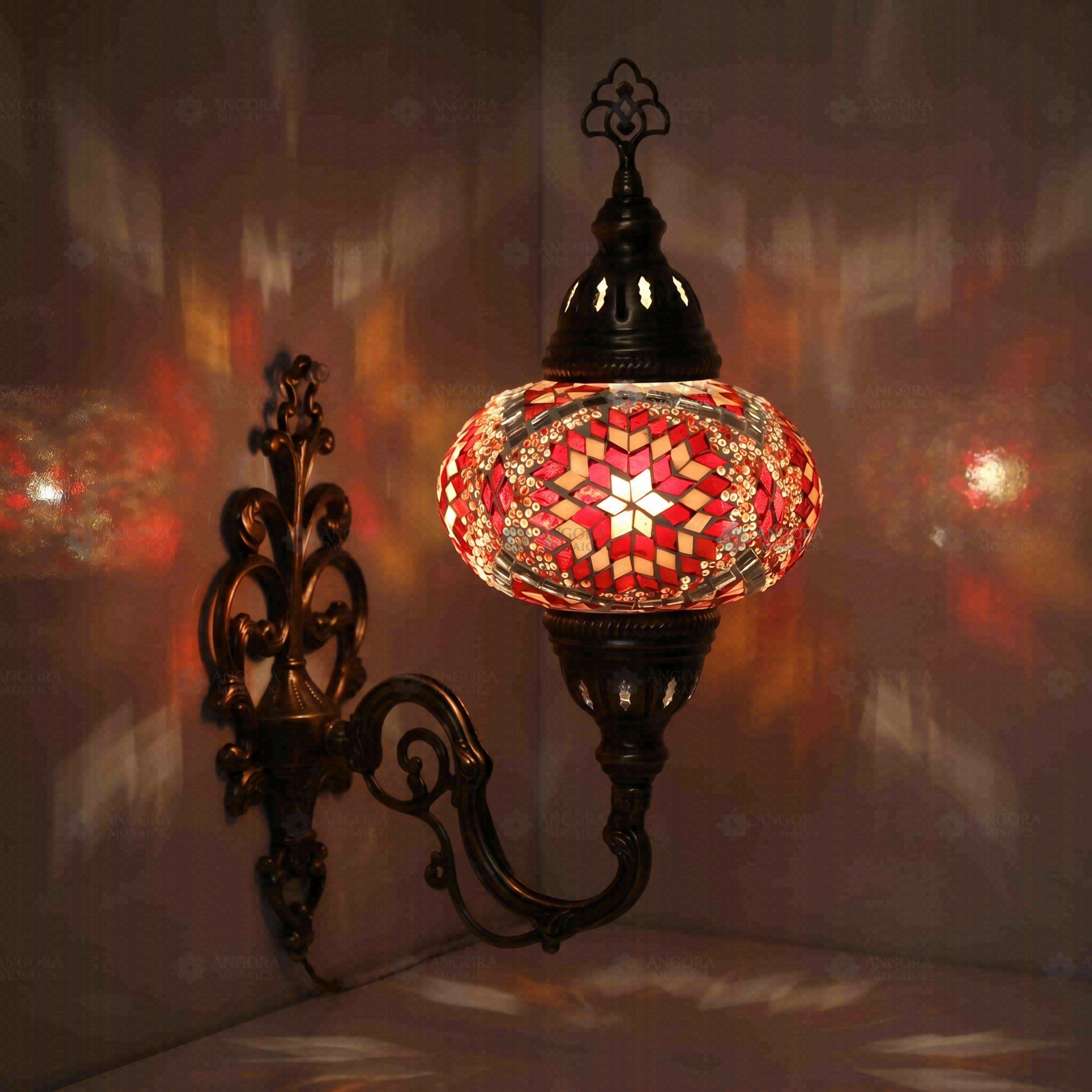 Amber Turkish mosaic wall sconce illuminated, showing colorful light projection (ENV APN3090)