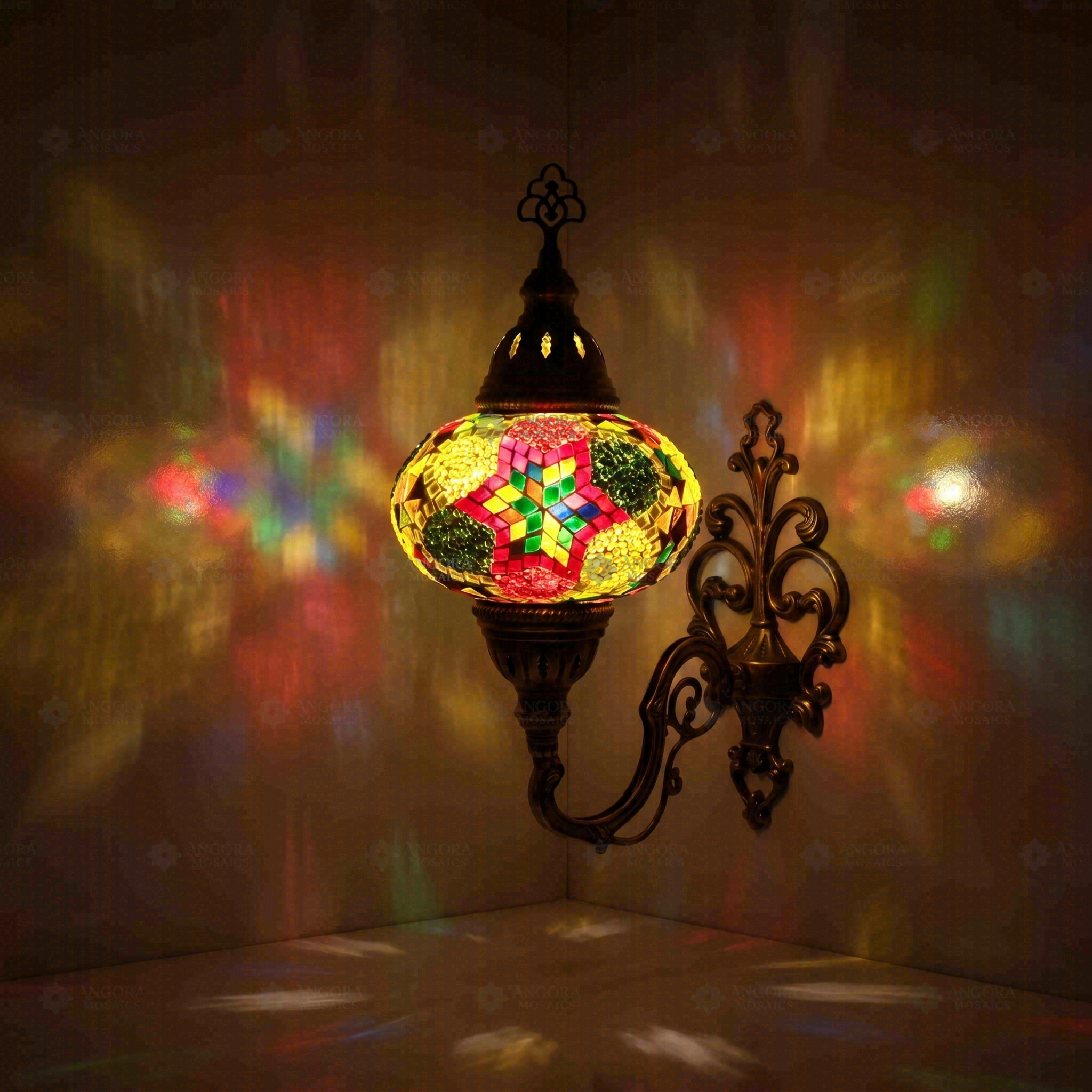 Multicolor Turkish mosaic wall sconce illuminated, showing colorful light projection (ENV APN3093)