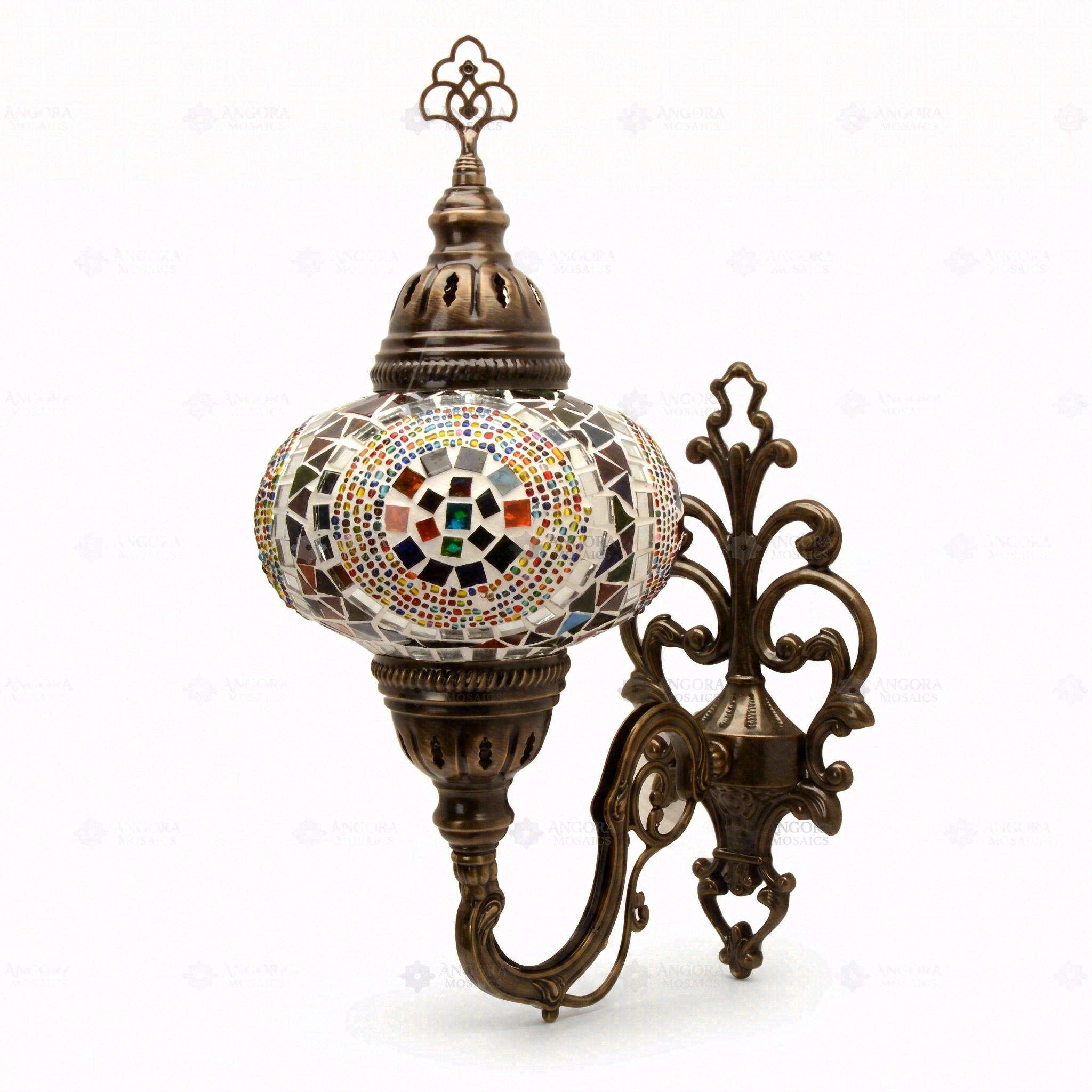 Full view of handmade Multicolor multicolor jewel Turkish mosaic wall sconce on white background (ENV APN3099)