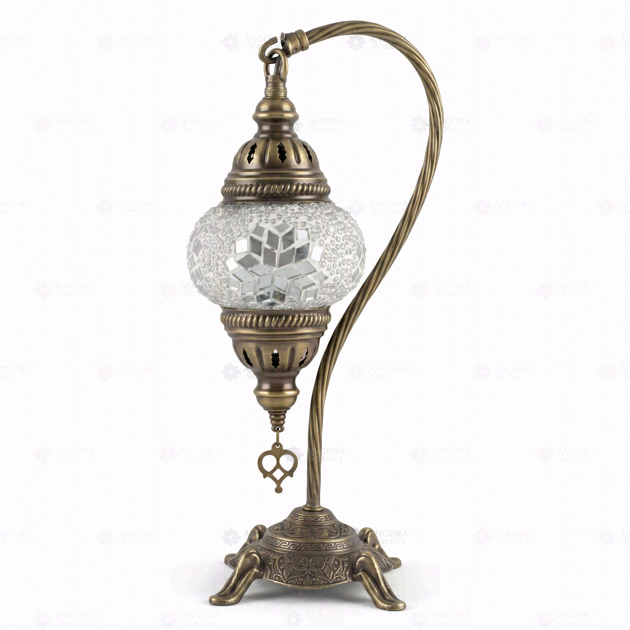 Full view of handmade White white glow Turkish mosaic table lamp on white background (ENV DVN1001)