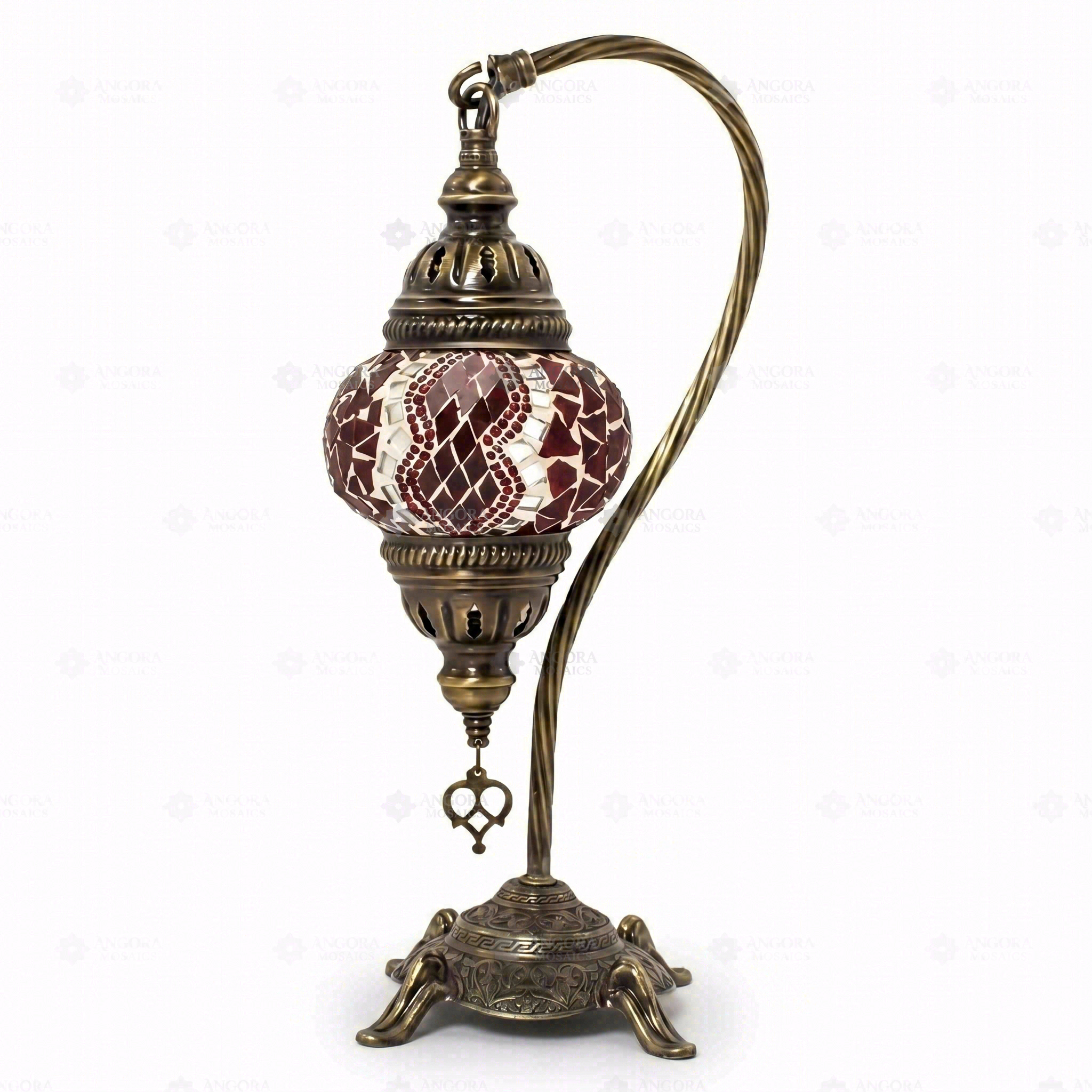 Full view of handmade Red ruby red Turkish mosaic table lamp on white background (ENV DVN1003)