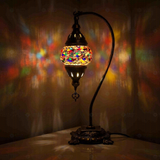 Multicolor Turkish mosaic table lamp illuminated, showing colorful light projection (ENV DVN1010)