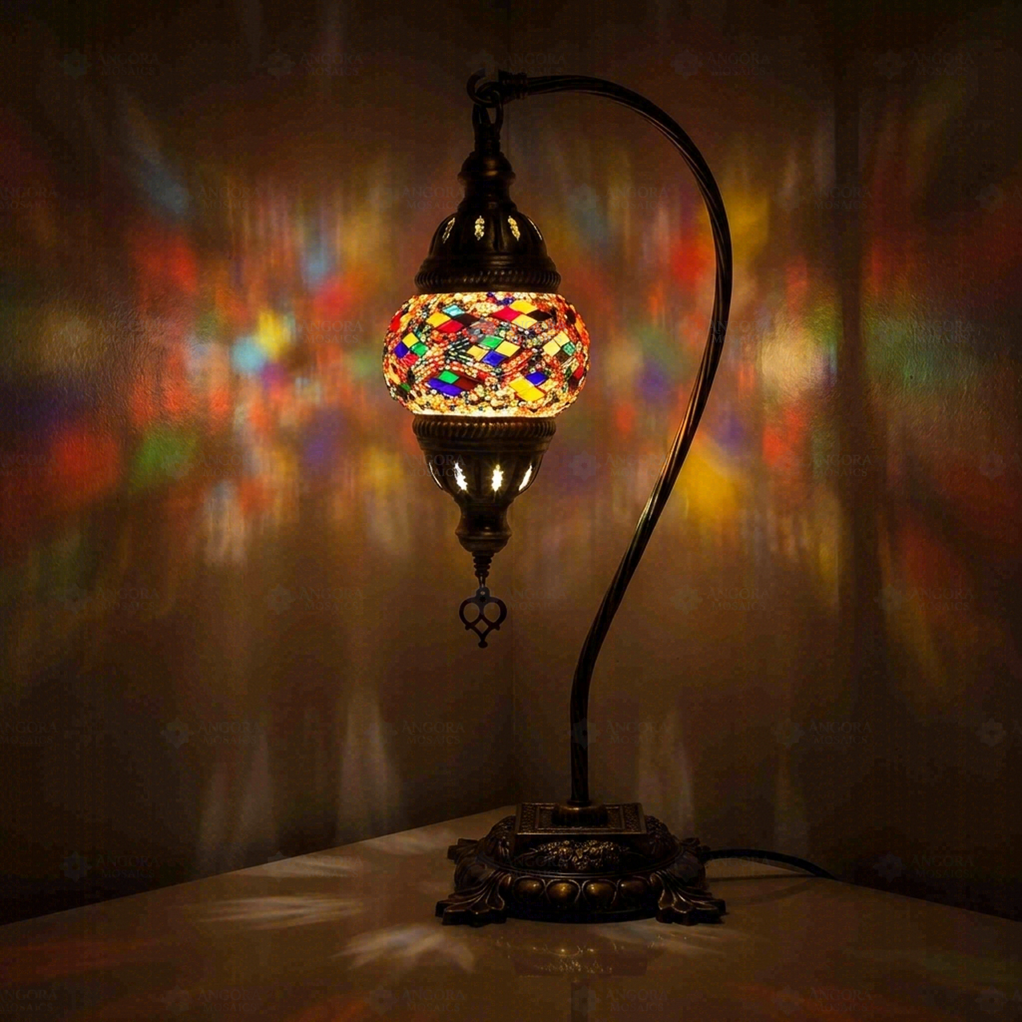 Multicolor Turkish mosaic table lamp illuminated, showing colorful light projection (ENV DVN1010)