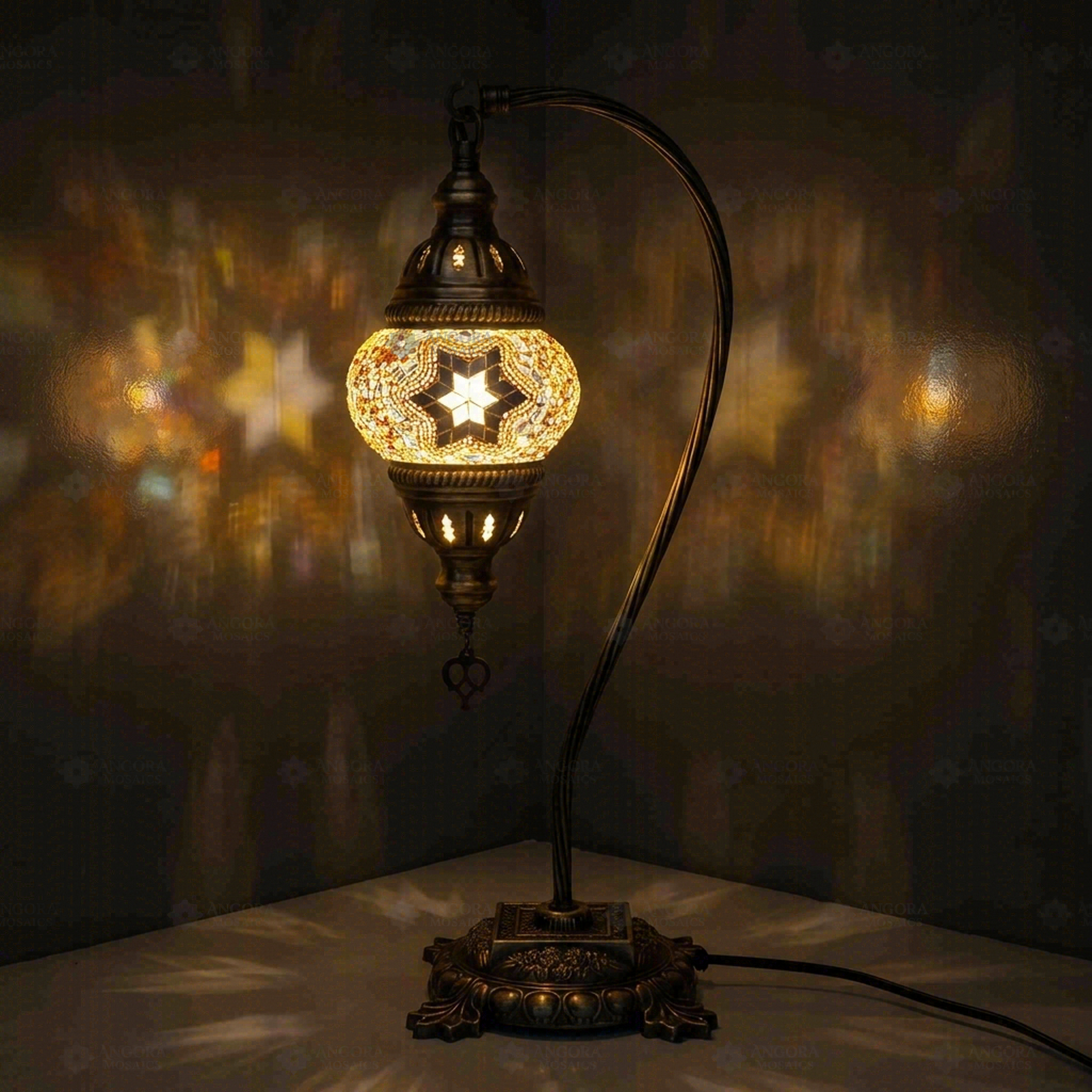 Amber Turkish mosaic table lamp illuminated, showing colorful light projection (ENV DVN1022)
