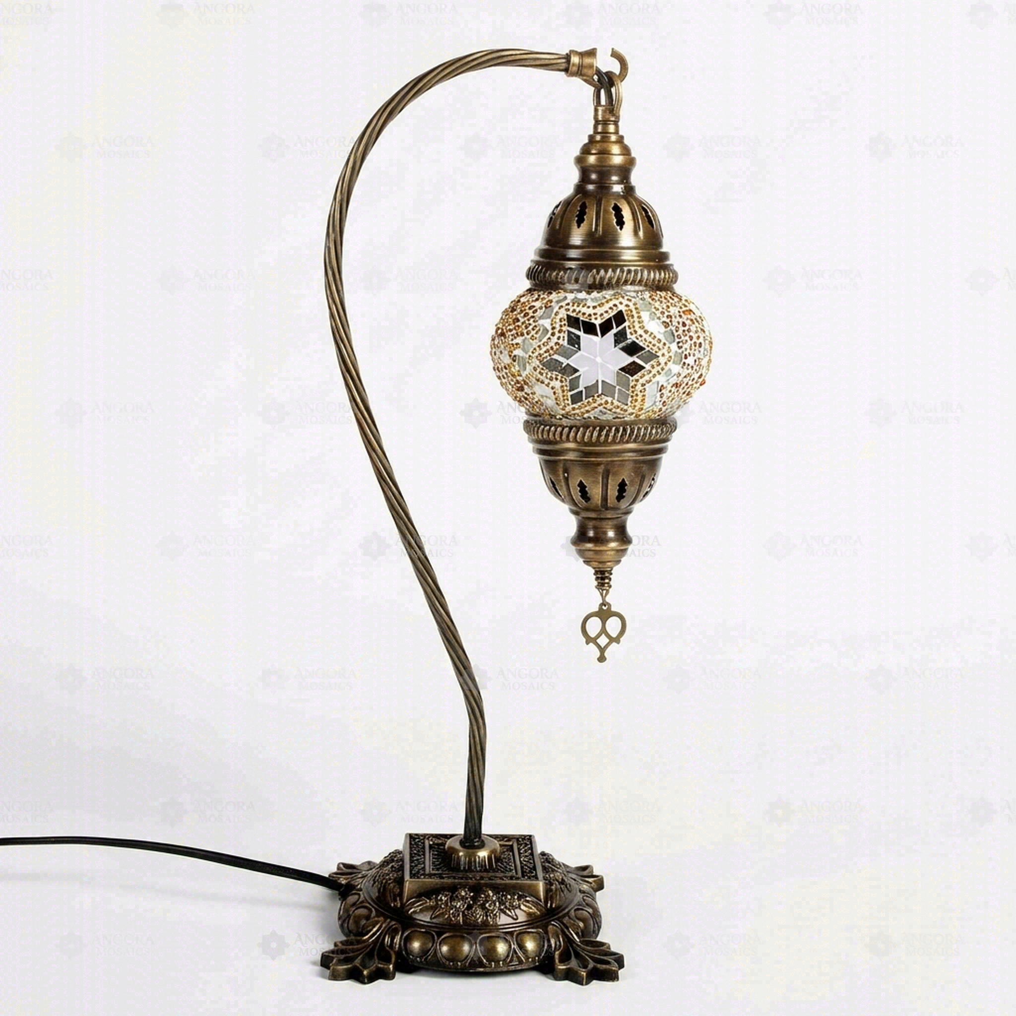 Full view of handmade Amber warm amber Turkish mosaic table lamp on white background (ENV DVN1022)