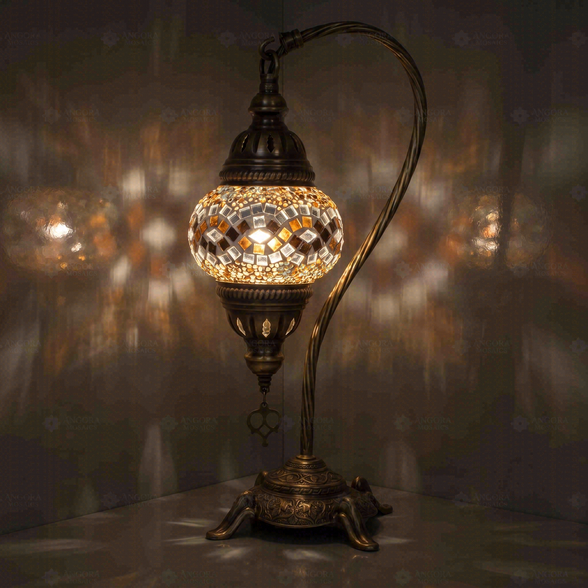 Clear Turkish mosaic table lamp illuminated, showing colorful light projection (ENV DVN1023)