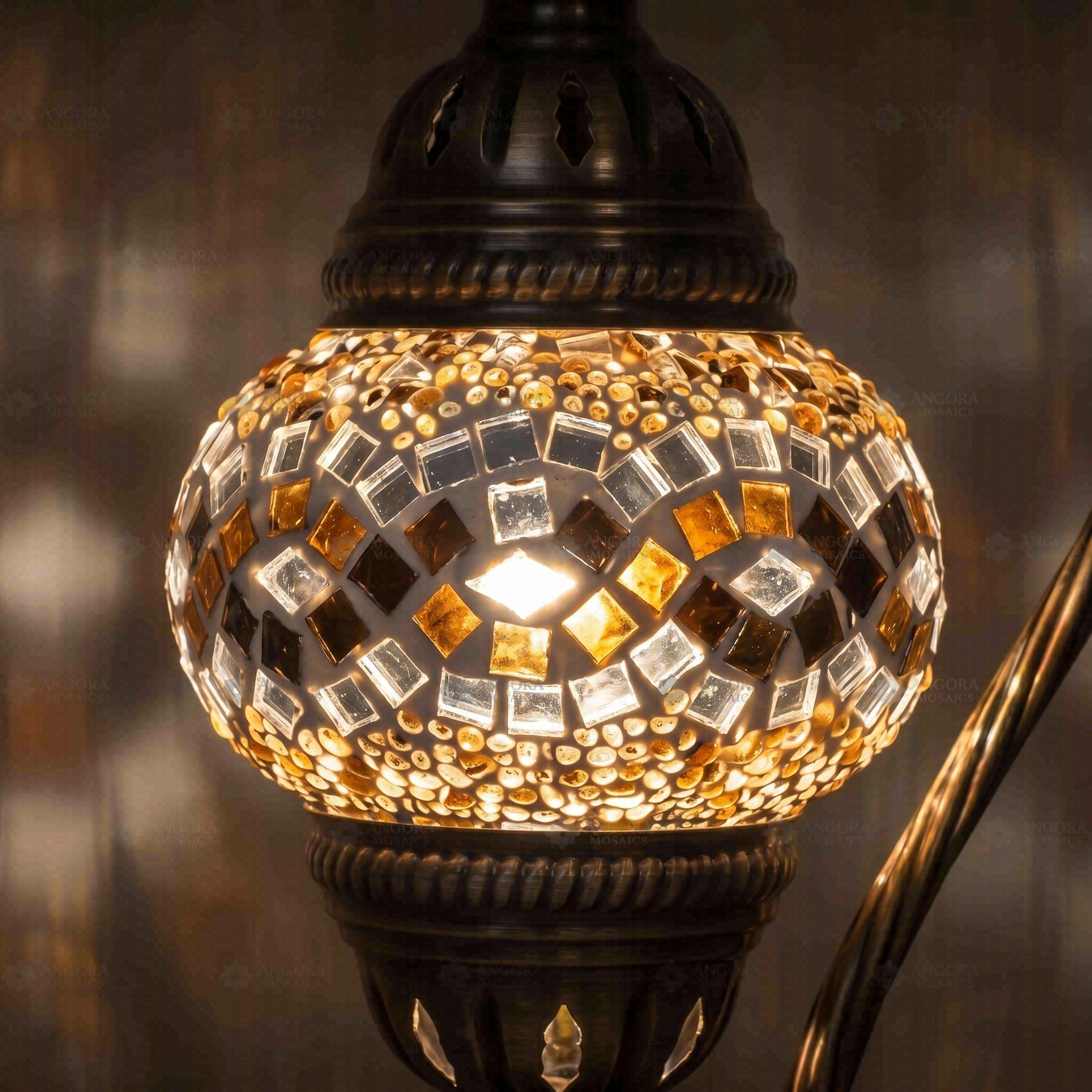 Lit close-up of mosaic glass globe — Clear table lamp glowing (ENV DVN1023)