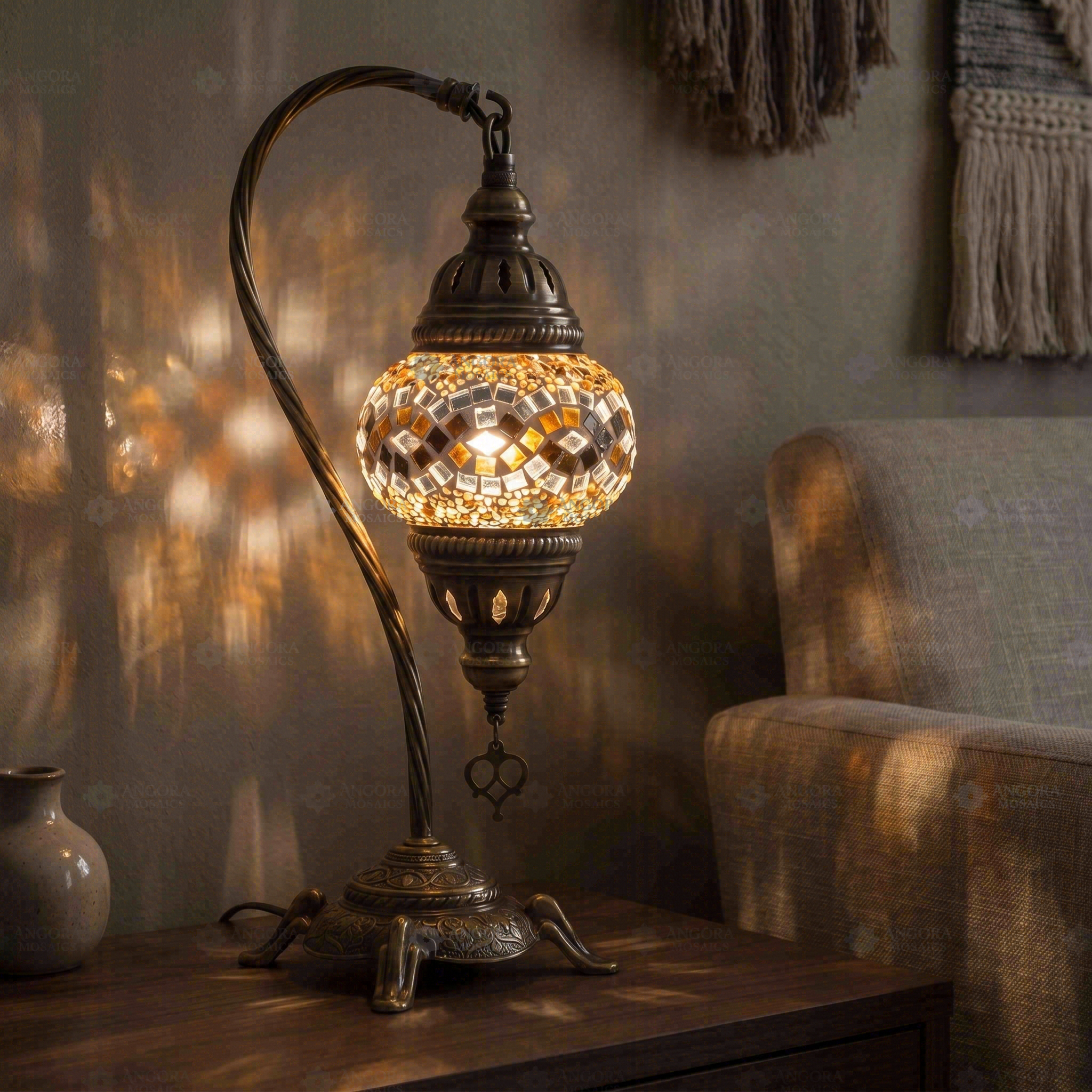 Clear clear neutral Turkish mosaic table lamp in styled room — handmade Moroccan table lamp (ENV DVN1023)