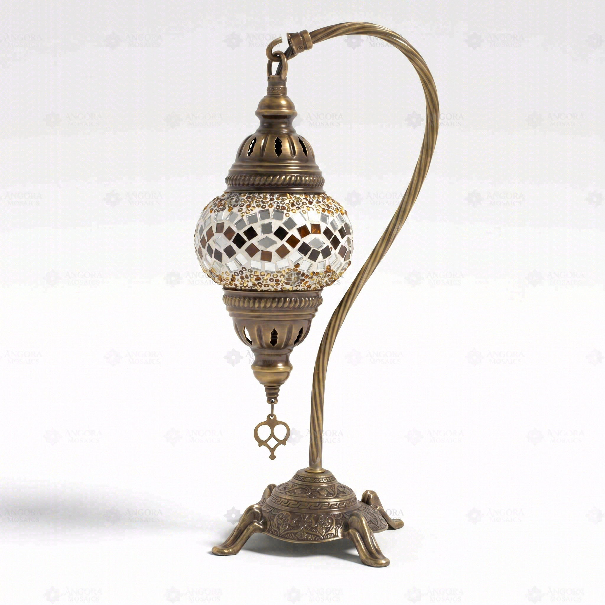 Full view of handmade Clear clear neutral Turkish mosaic table lamp on white background (ENV DVN1023)