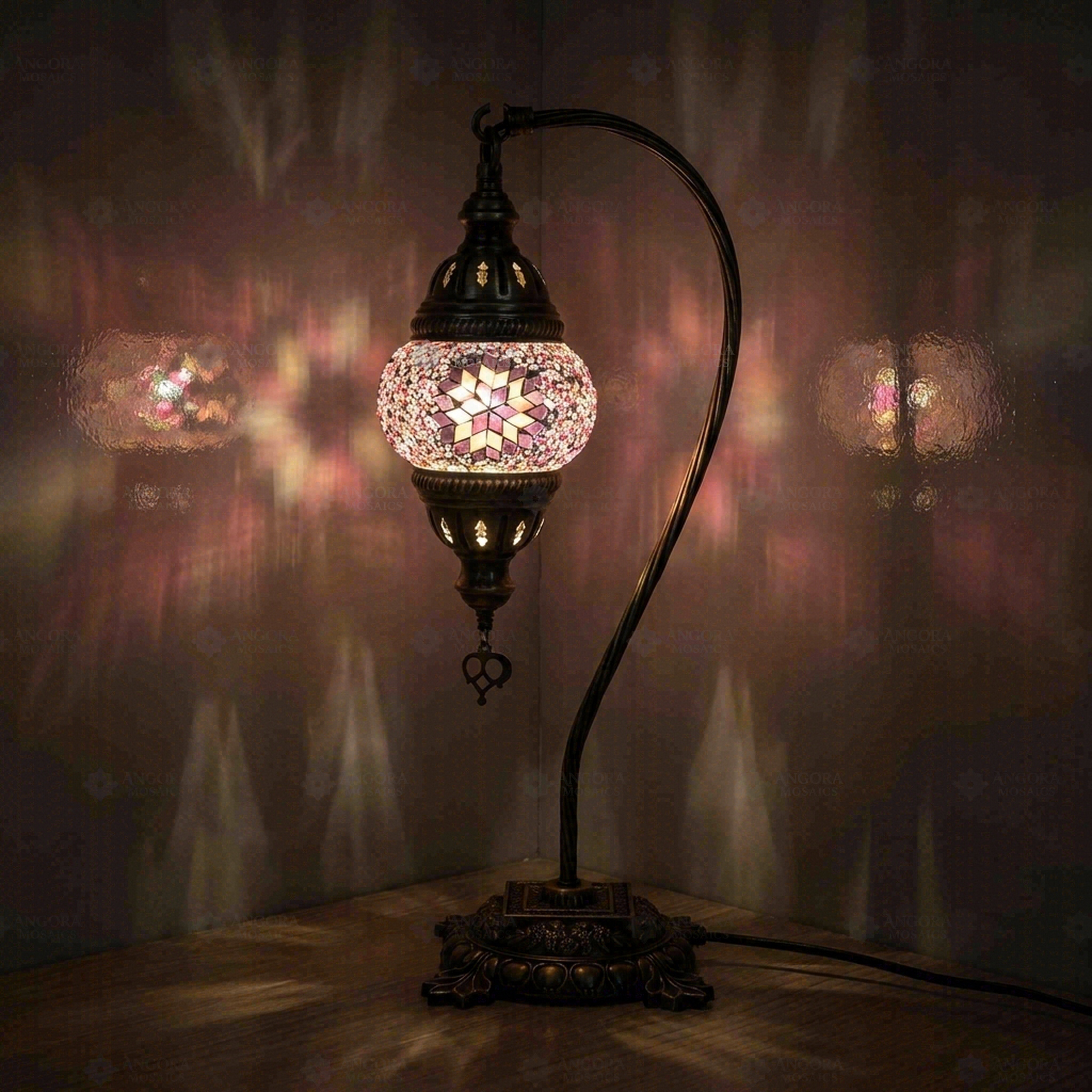Pink Turkish mosaic table lamp illuminated, showing colorful light projection (ENV DVN1034)