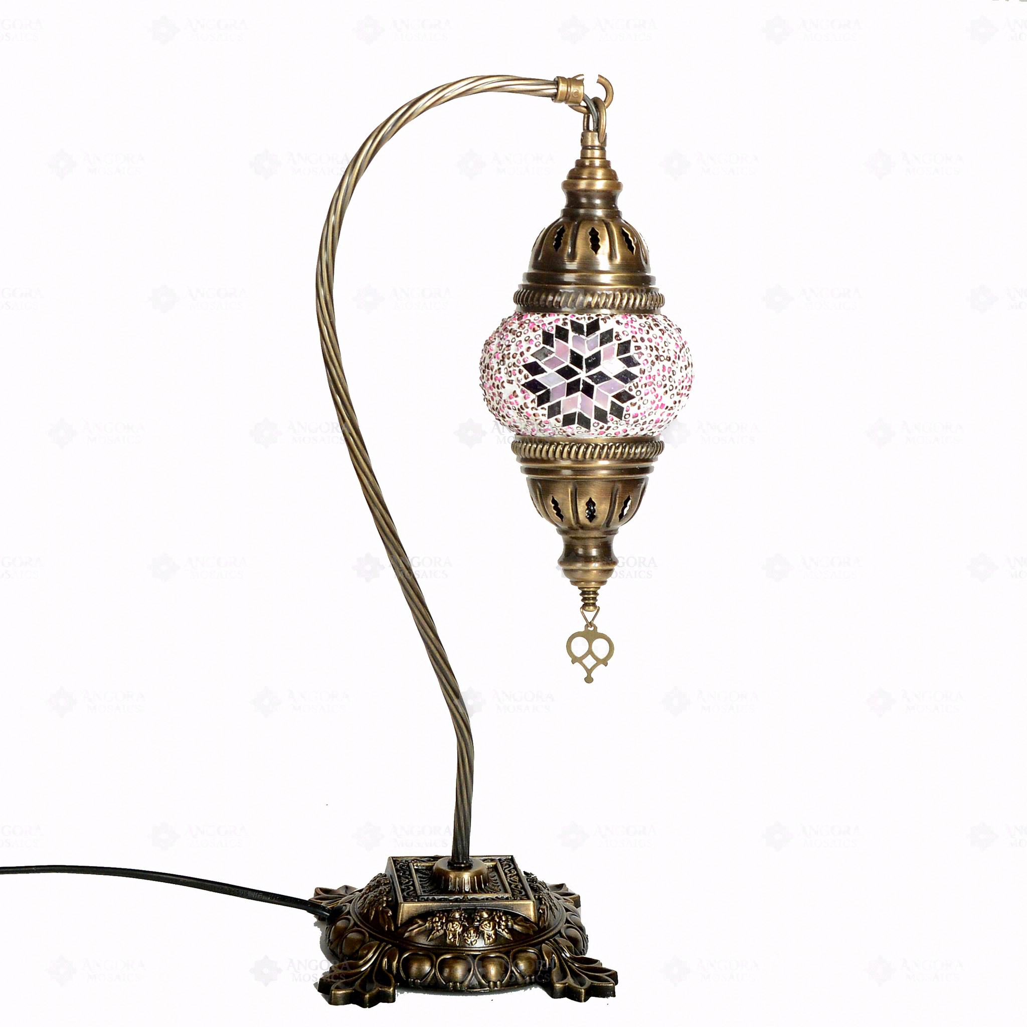 Full view of handmade Pink pink rose Turkish mosaic table lamp on white background (ENV DVN1034)