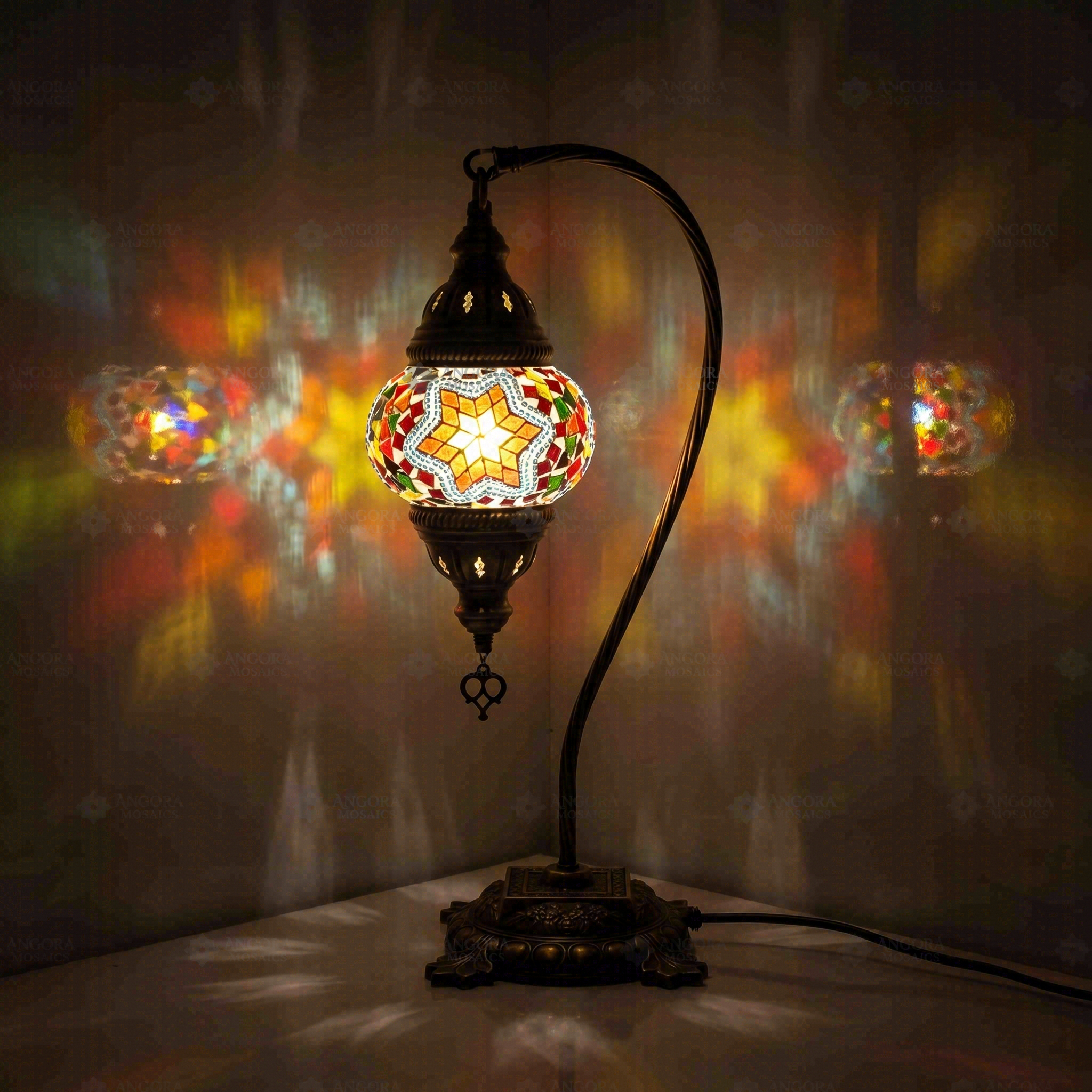 Multicolor Turkish mosaic table lamp illuminated, showing colorful light projection (ENV DVN1042)