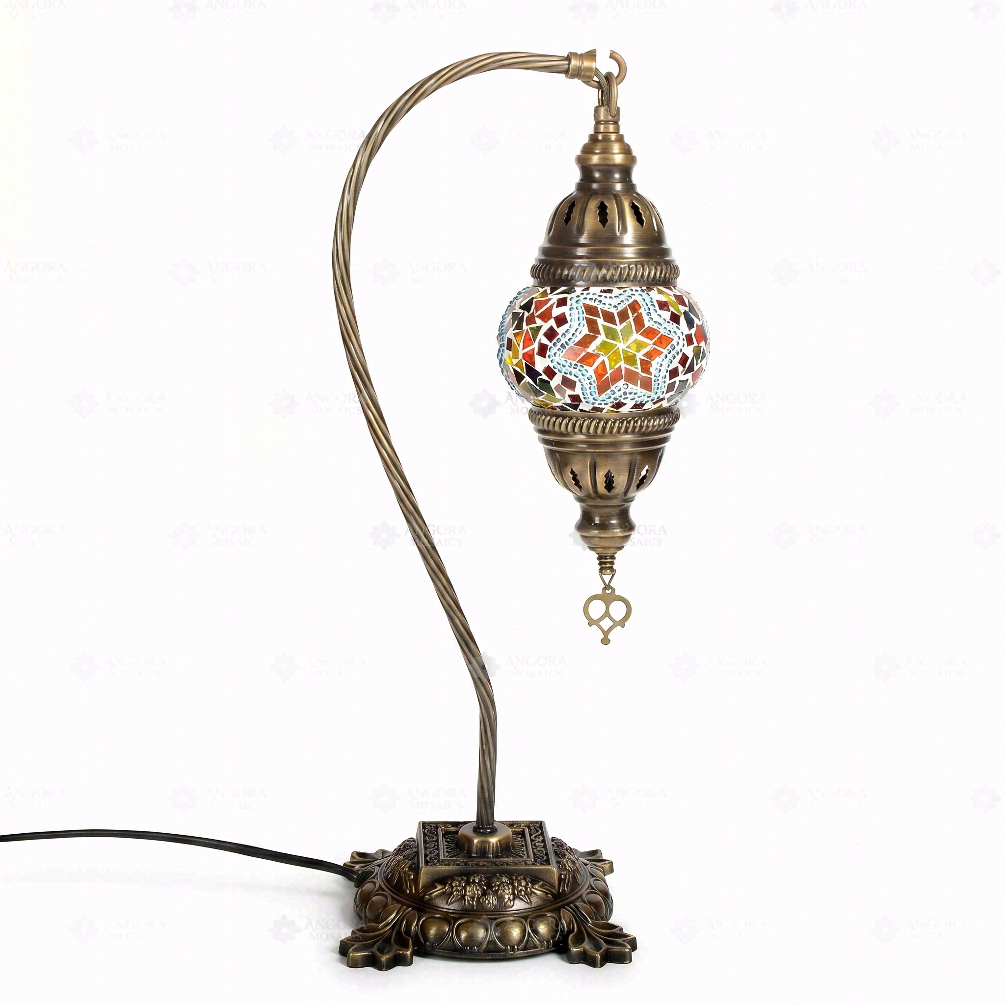Full view of handmade Multicolor multicolor jewel Turkish mosaic table lamp on white background (ENV DVN1042)