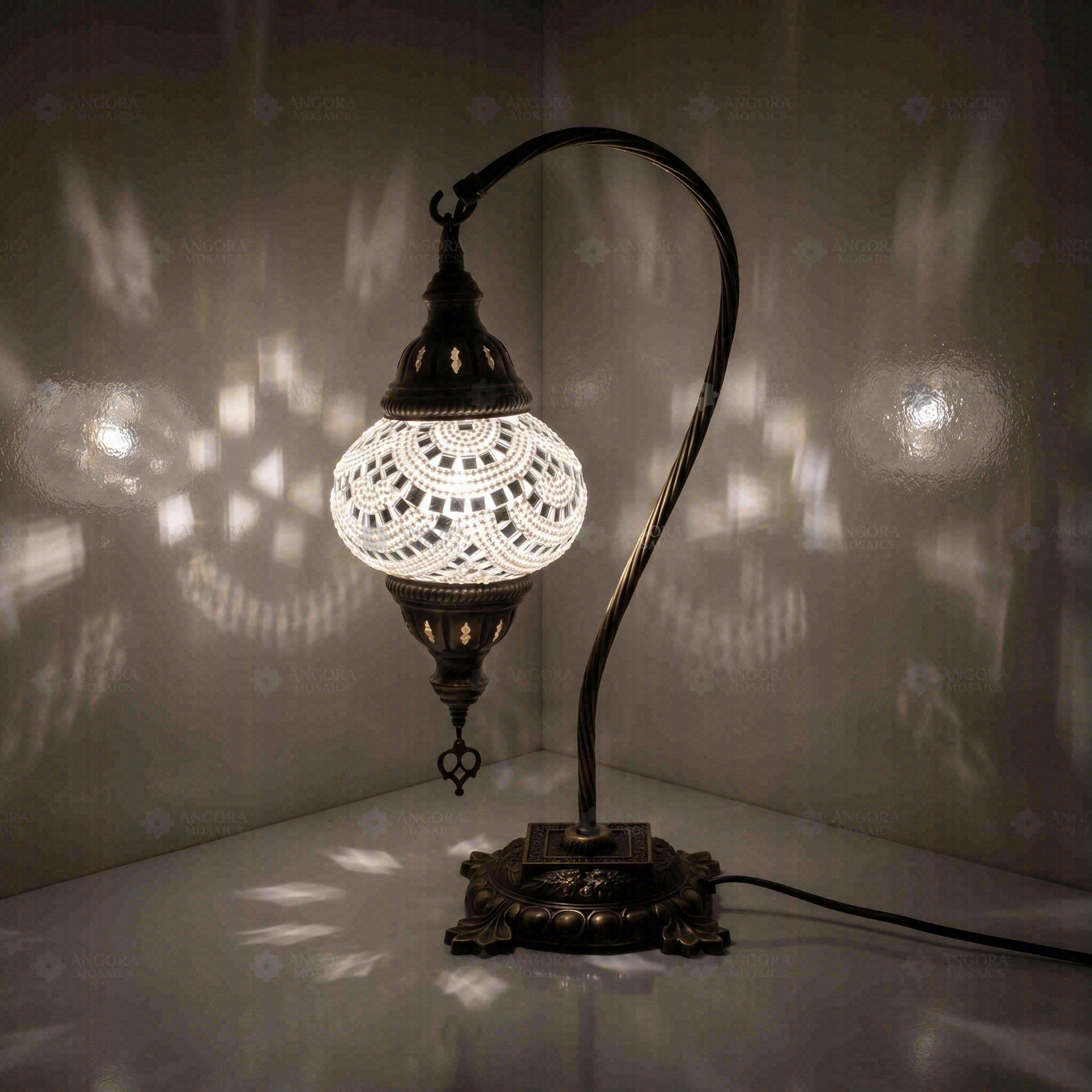 White Turkish mosaic table lamp illuminated, showing colorful light projection (ENV DVN2001)