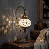 White white glow Turkish mosaic table lamp in styled room — handmade Moroccan table lamp (ENV DVN2001)