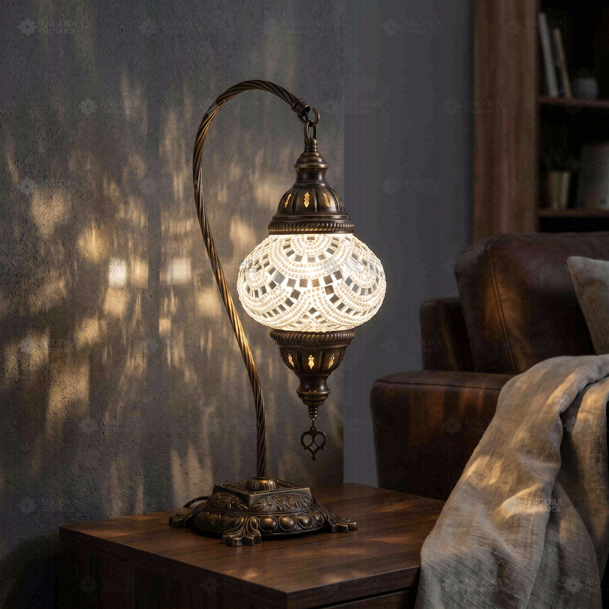 White white glow Turkish mosaic table lamp in styled room — handmade Moroccan table lamp (ENV DVN2001)
