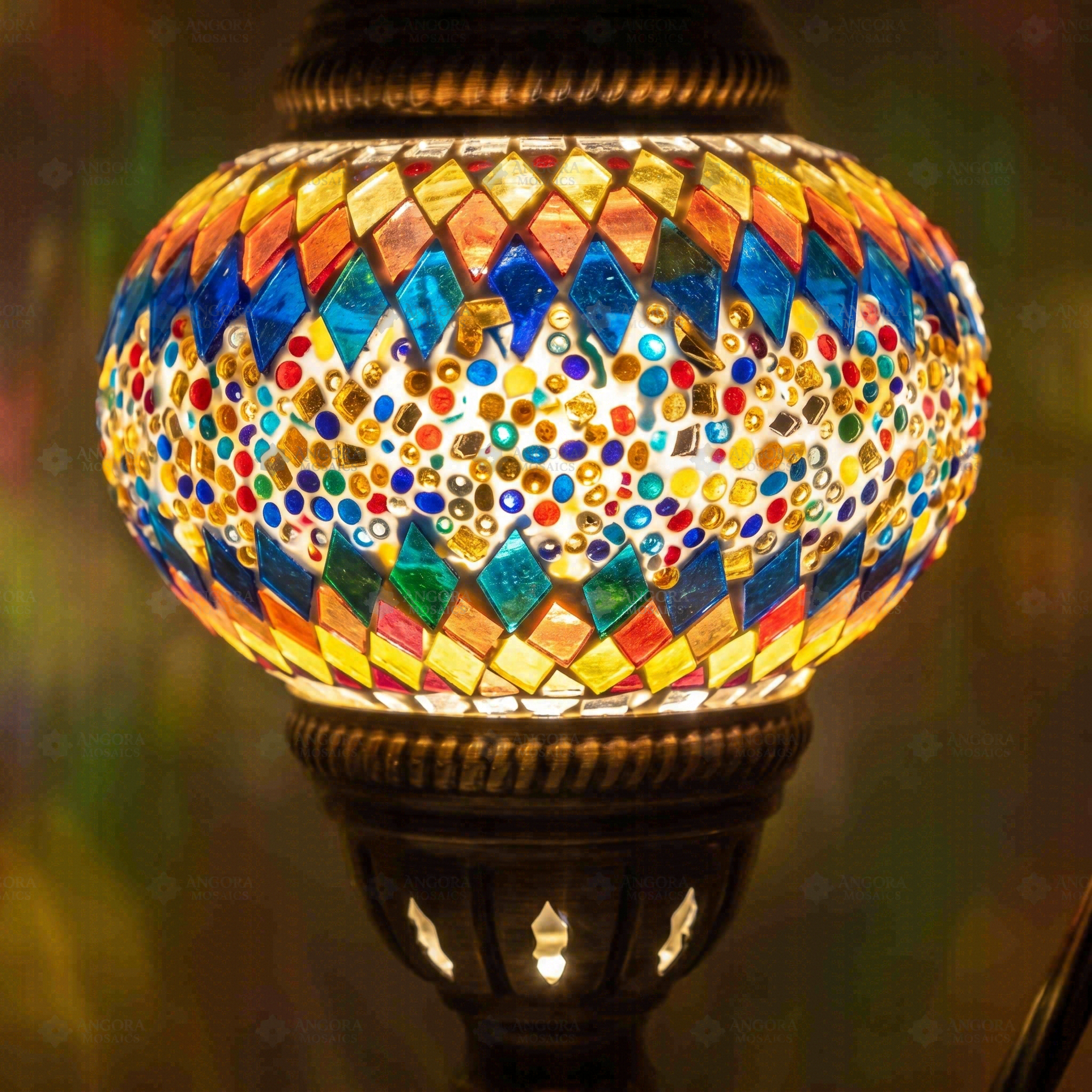 Lit close-up of mosaic glass globe — Multicolor table lamp glowing (ENV DVN2003)