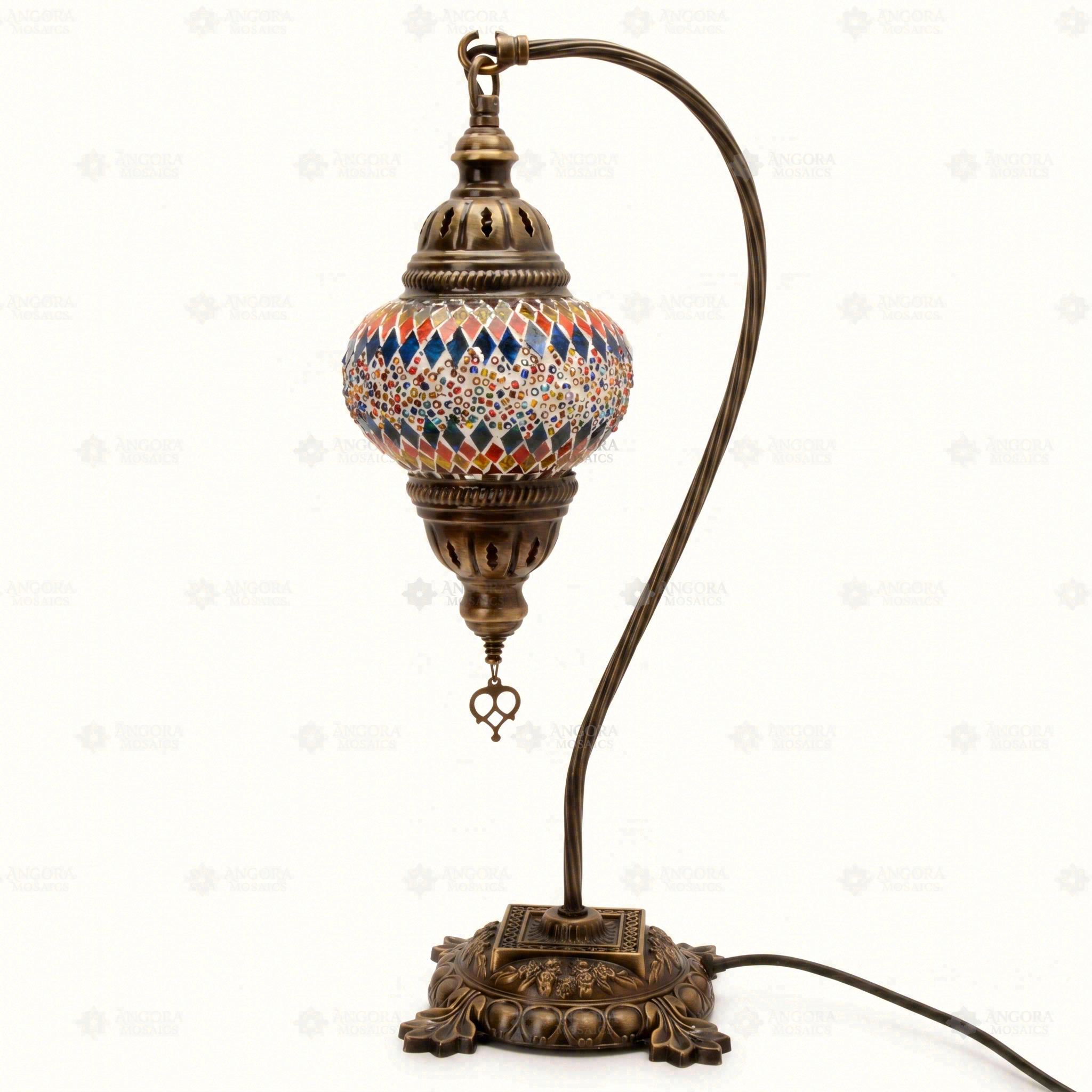 Full view of handmade Multicolor multicolor jewel Turkish mosaic table lamp on white background (ENV DVN2003)