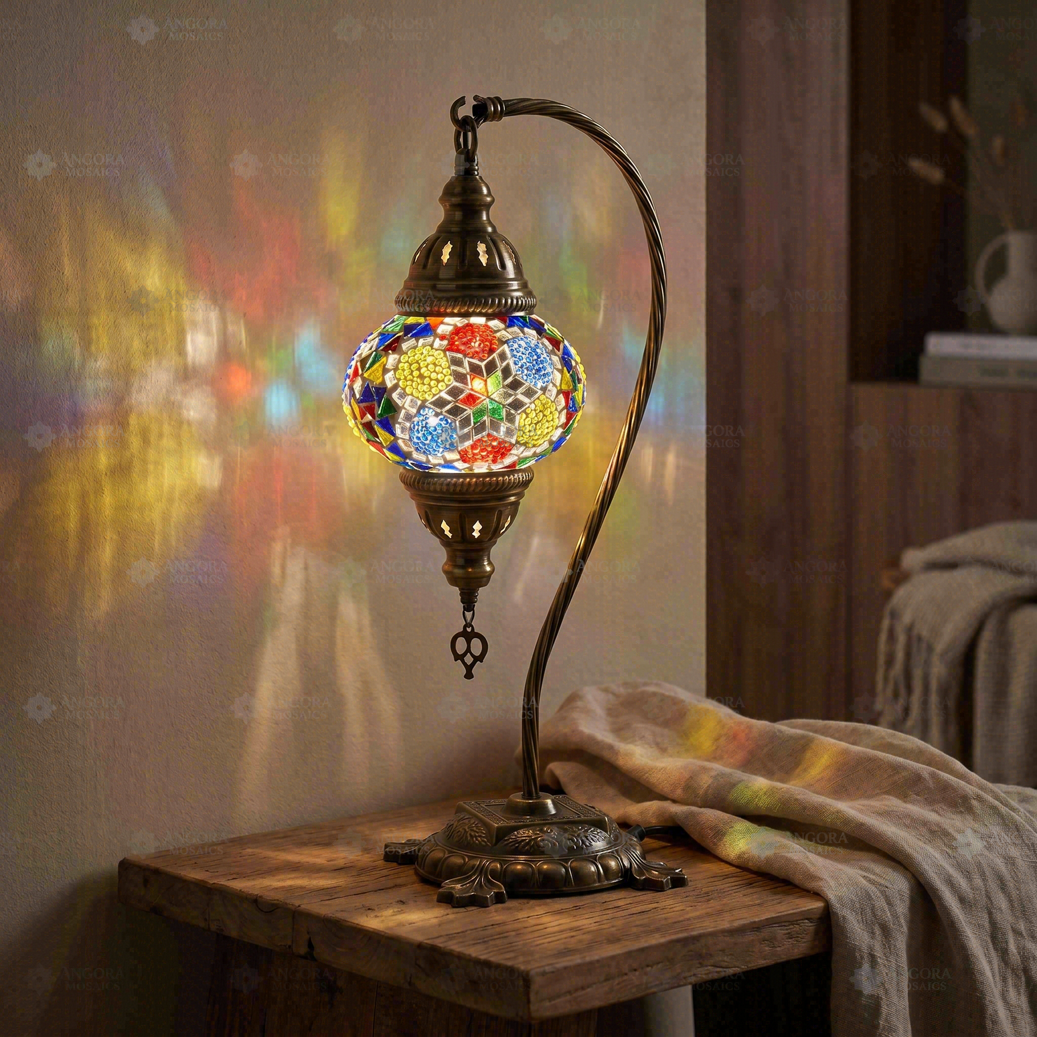 Multicolor multicolor jewel Turkish mosaic table lamp in styled room — handmade Moroccan table lamp (ENV DVN2008)