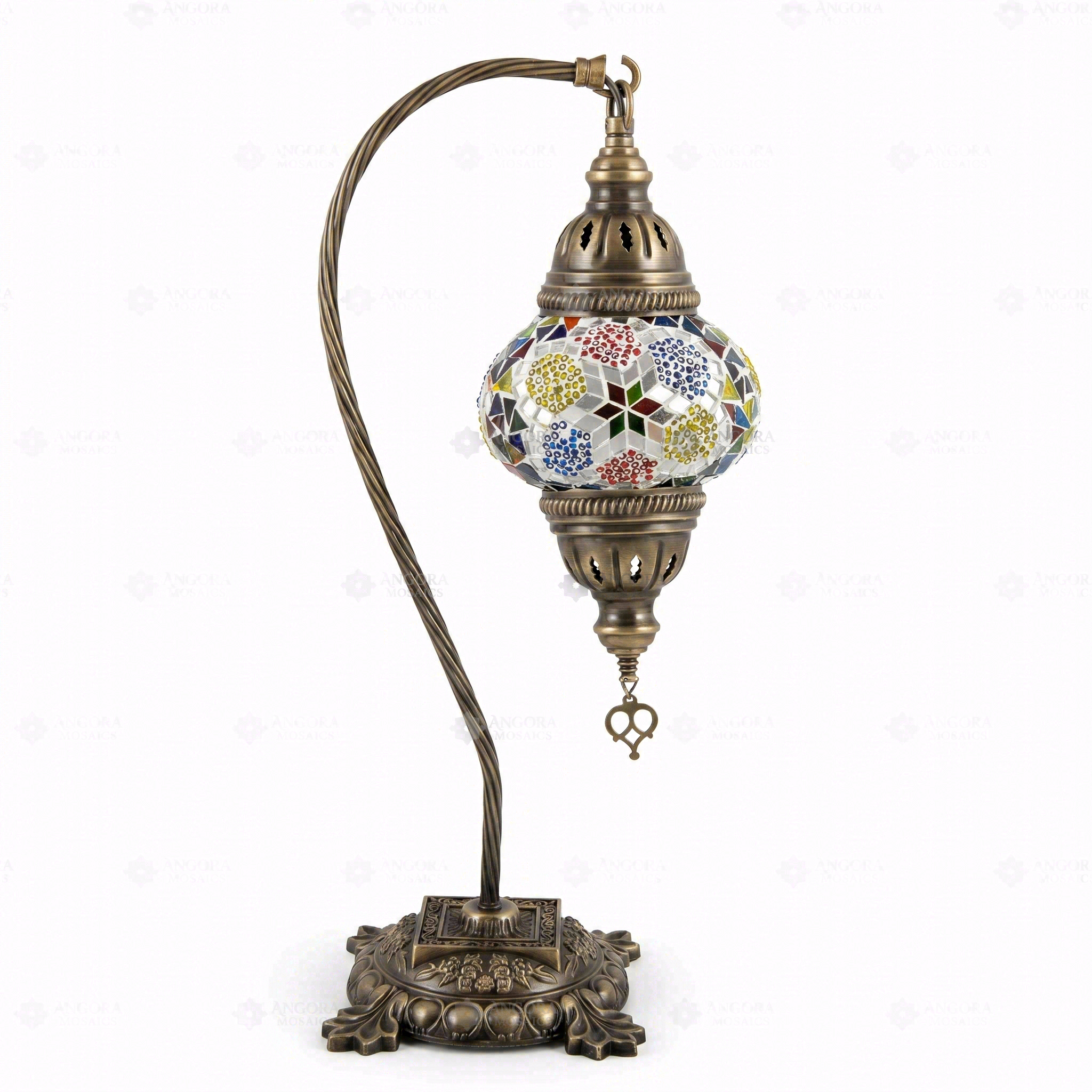 Full view of handmade Multicolor multicolor jewel Turkish mosaic table lamp on white background (ENV DVN2008)