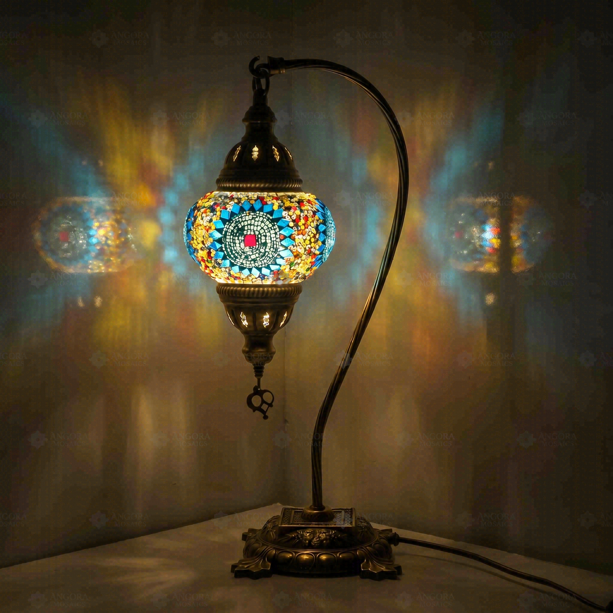 Multicolor Turkish mosaic table lamp illuminated, showing colorful light projection (ENV DVN2010)