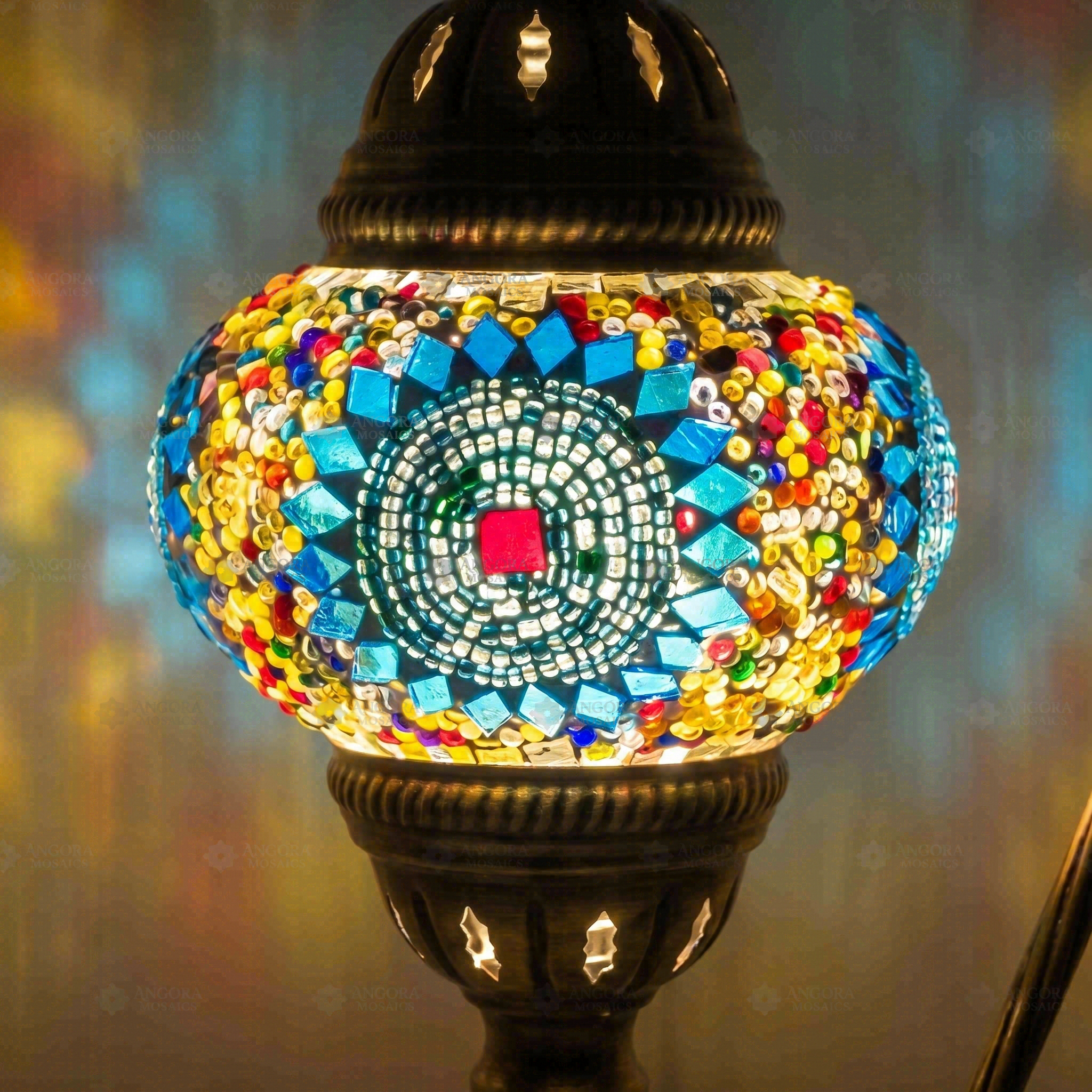 Lit close-up of mosaic glass globe — Multicolor table lamp glowing (ENV DVN2010)