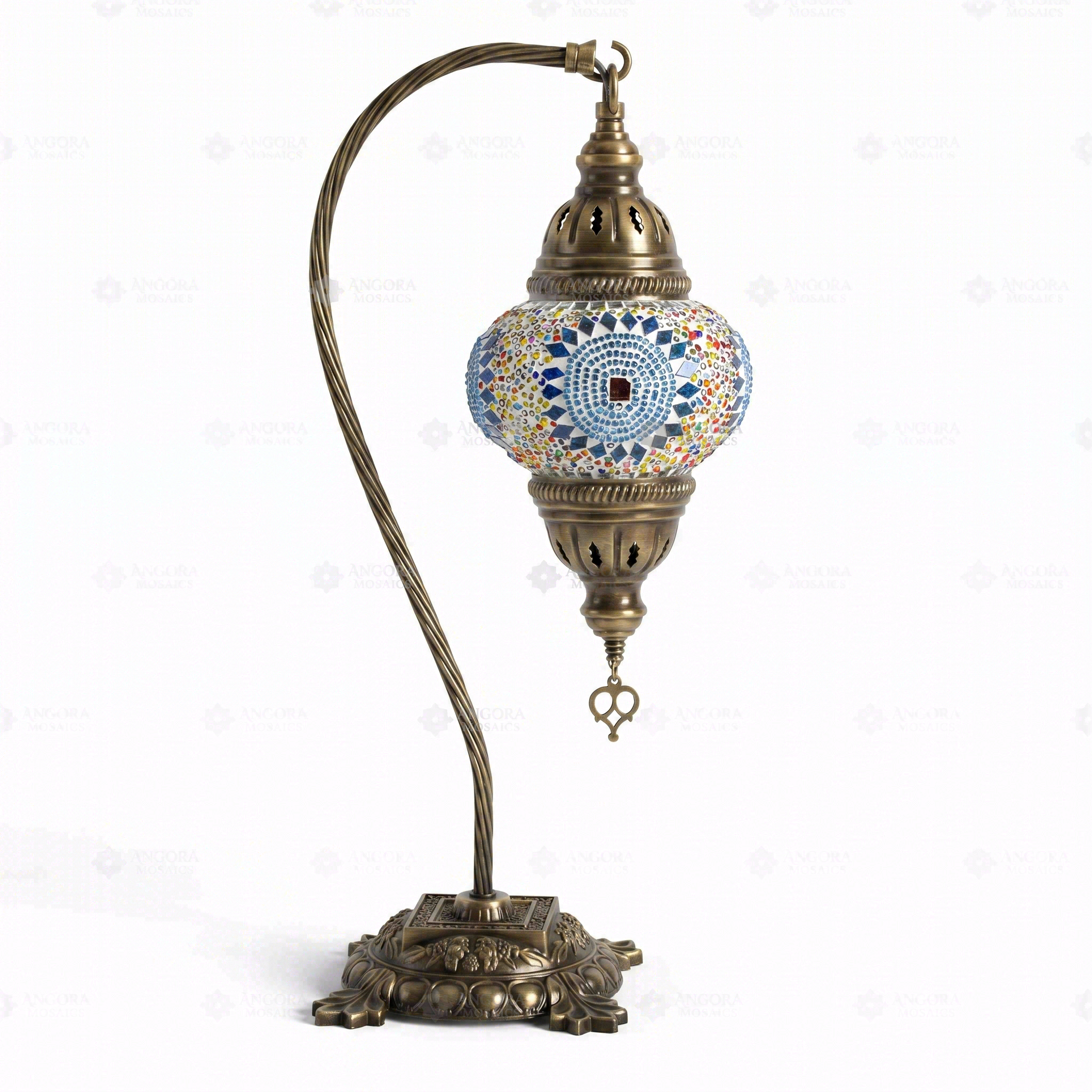 Full view of handmade Multicolor multicolor jewel Turkish mosaic table lamp on white background (ENV DVN2010)