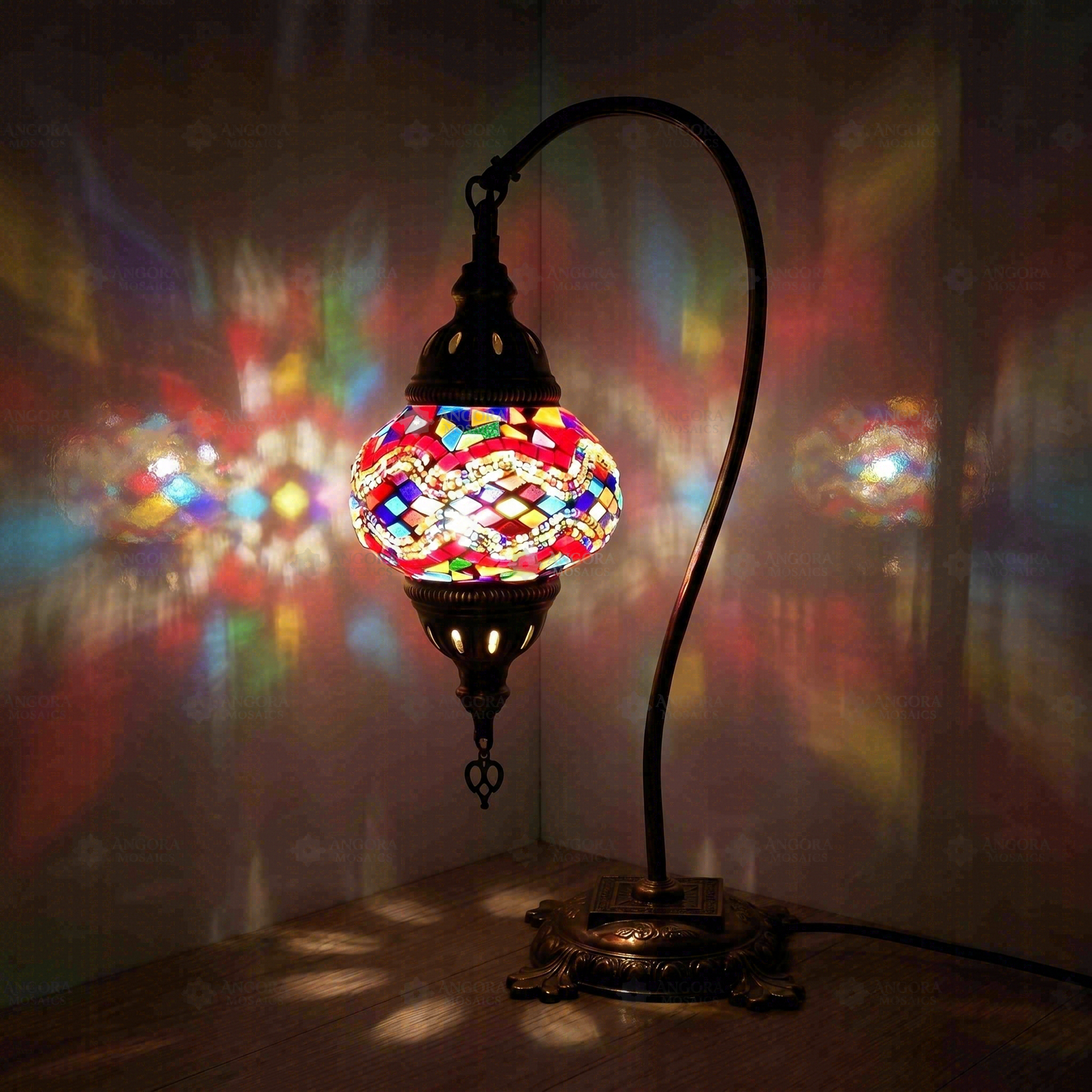 Multicolor Turkish mosaic table lamp illuminated, showing colorful light projection (ENV DVN2012)