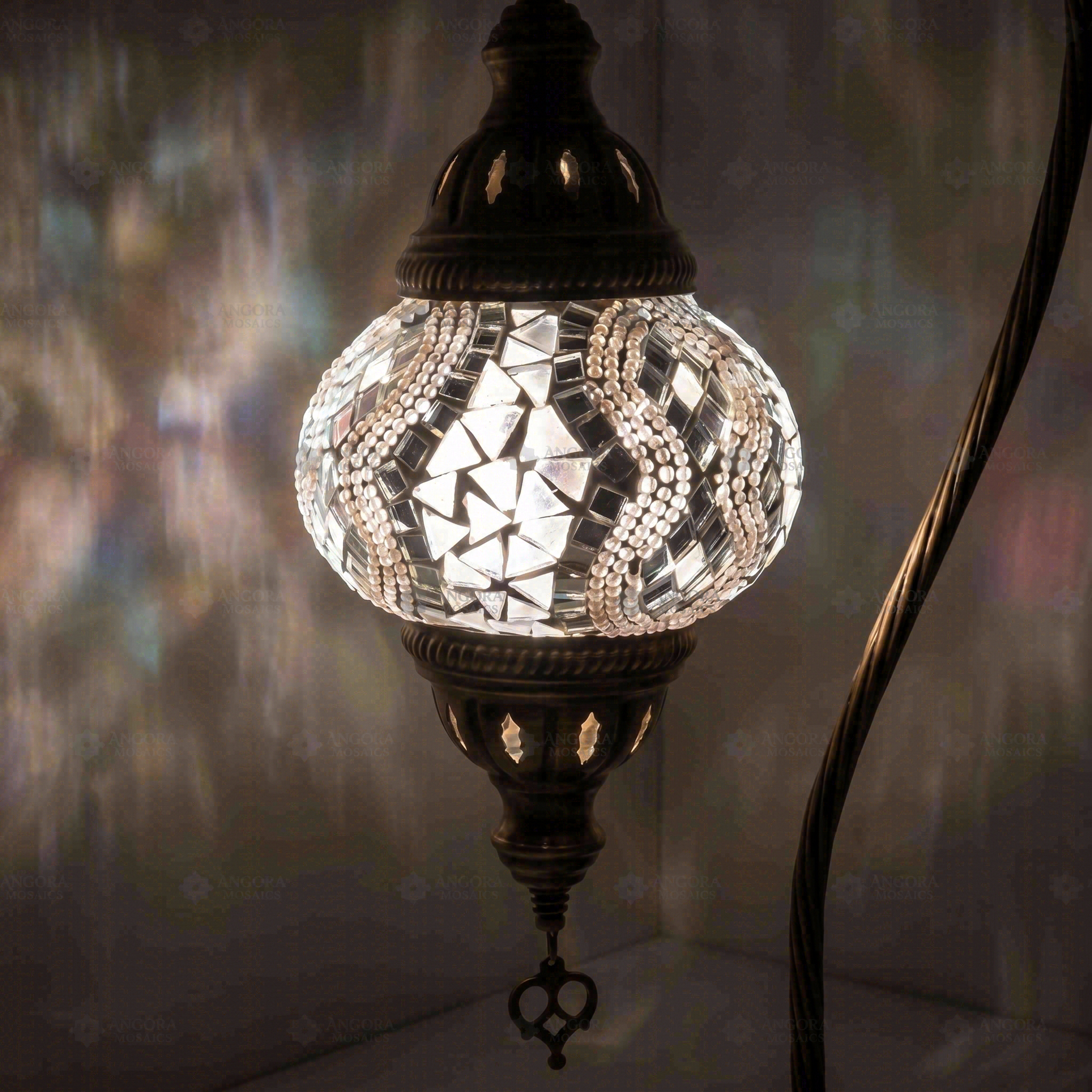 Lit close-up of mosaic glass globe — White table lamp glowing (ENV DVN2017)