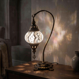 White white glow Turkish mosaic table lamp in styled room — handmade Moroccan table lamp (ENV DVN2017)
