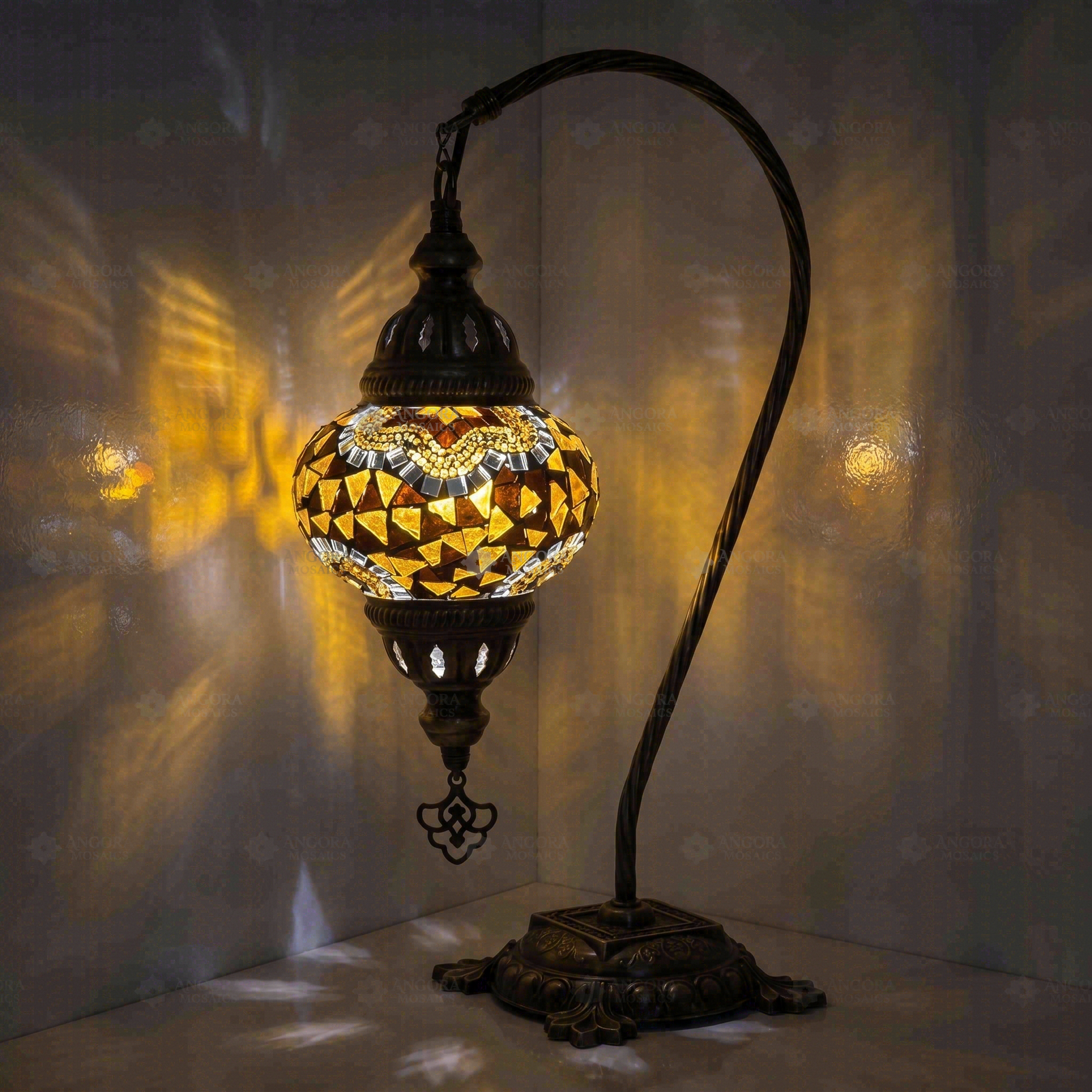 Amber Turkish mosaic table lamp illuminated, showing colorful light projection (ENV DVN2079)
