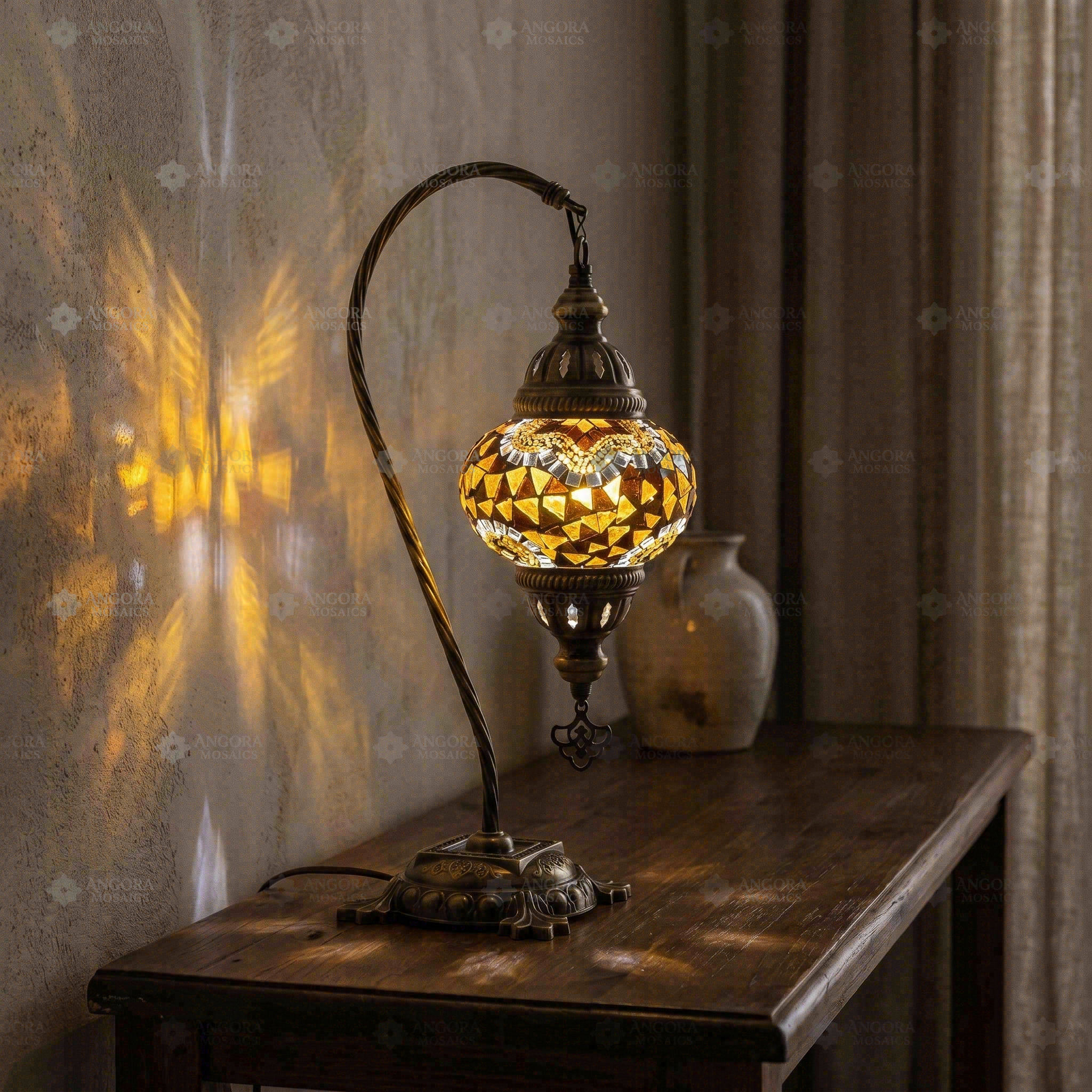 Amber warm amber Turkish mosaic table lamp in styled room — handmade Moroccan table lamp (ENV DVN2079)