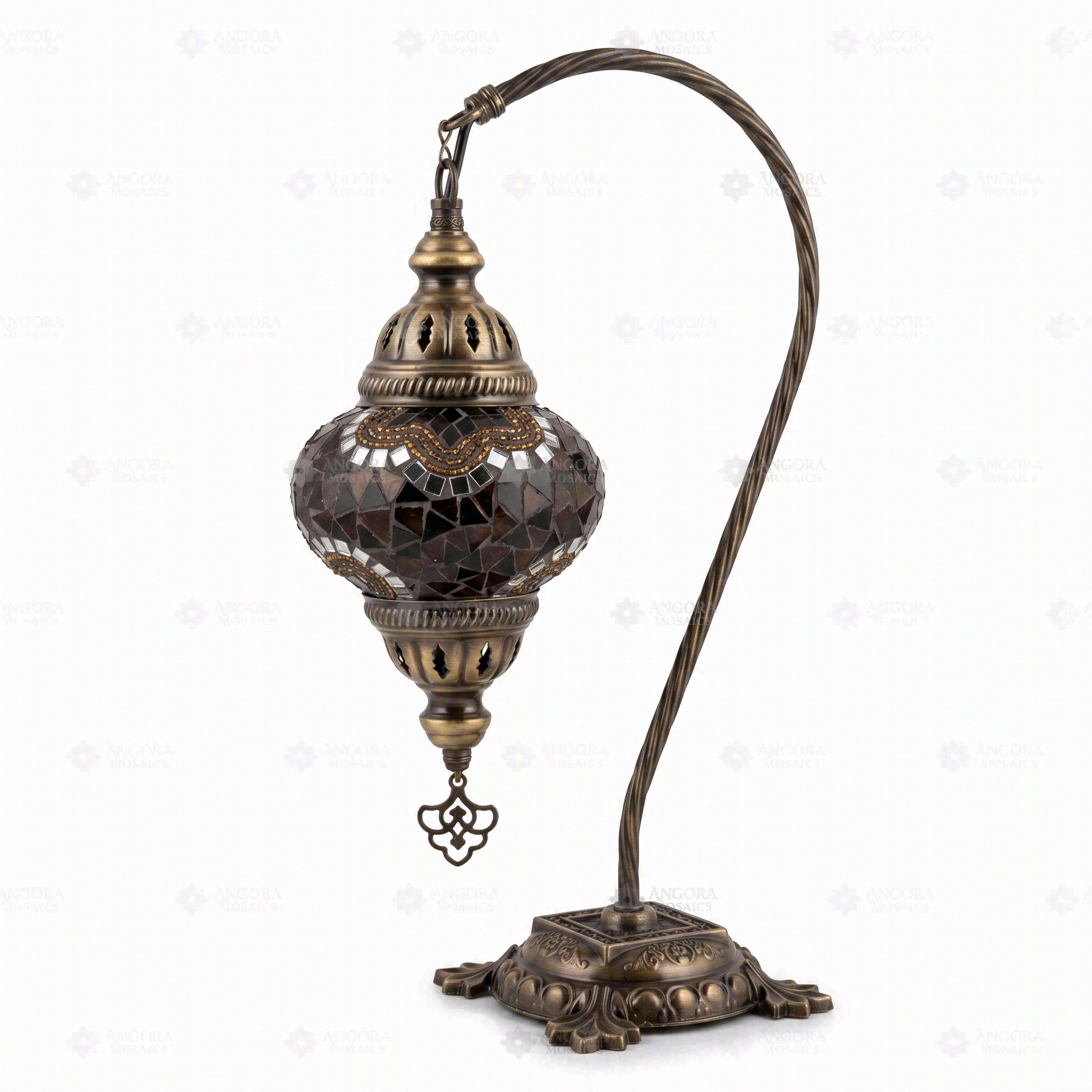 Full view of handmade Amber warm amber Turkish mosaic table lamp on white background (ENV DVN2079)