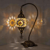 Amber Turkish mosaic table lamp illuminated, showing colorful light projection (ENV DVN2118)