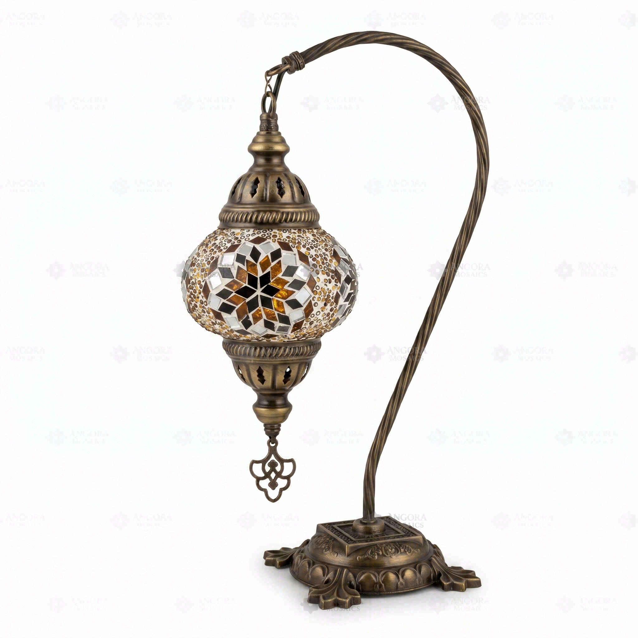 Full view of handmade Amber warm amber Turkish mosaic table lamp on white background (ENV DVN2118)