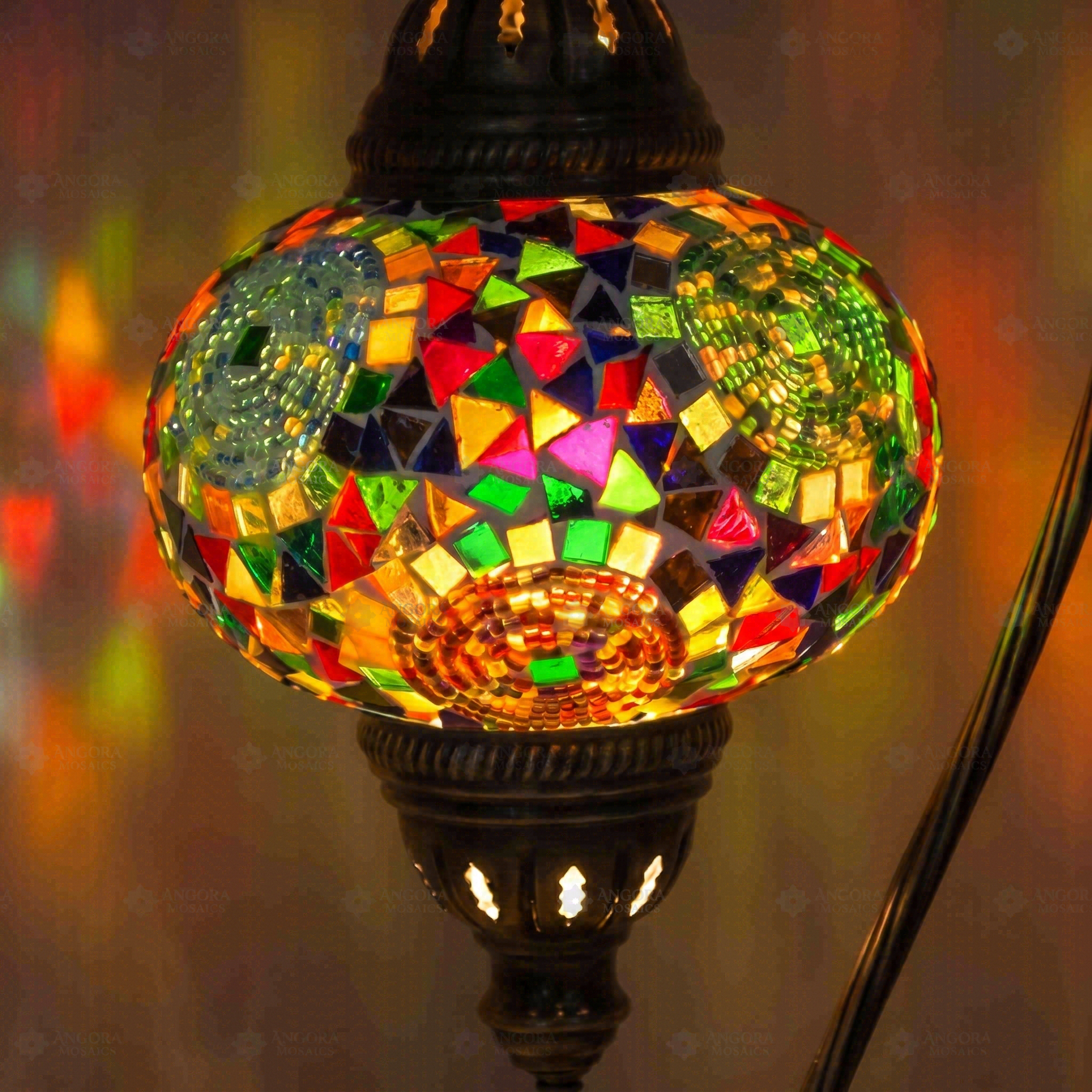 Lit close-up of mosaic glass globe — Multicolor table lamp glowing (ENV DVN3001)