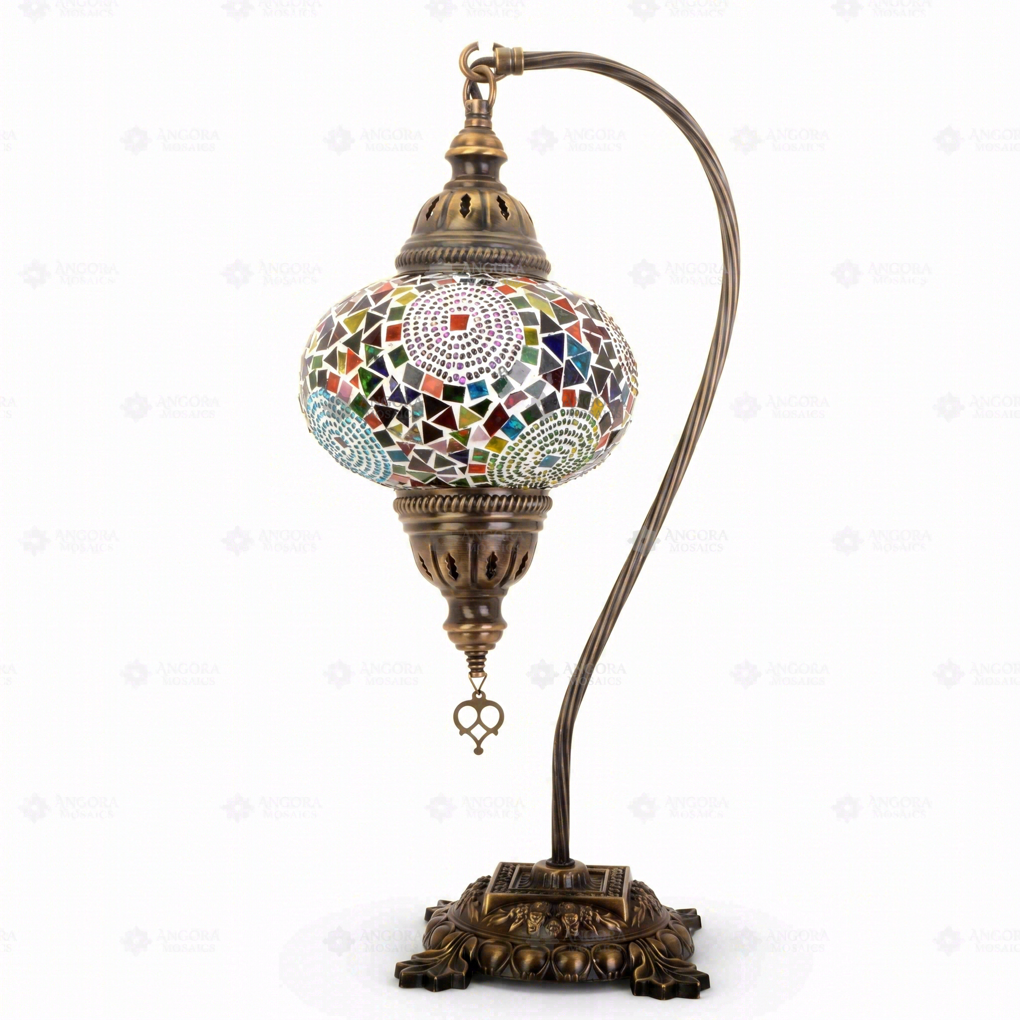 Full view of handmade Multicolor multicolor jewel Turkish mosaic table lamp on white background (ENV DVN3001)