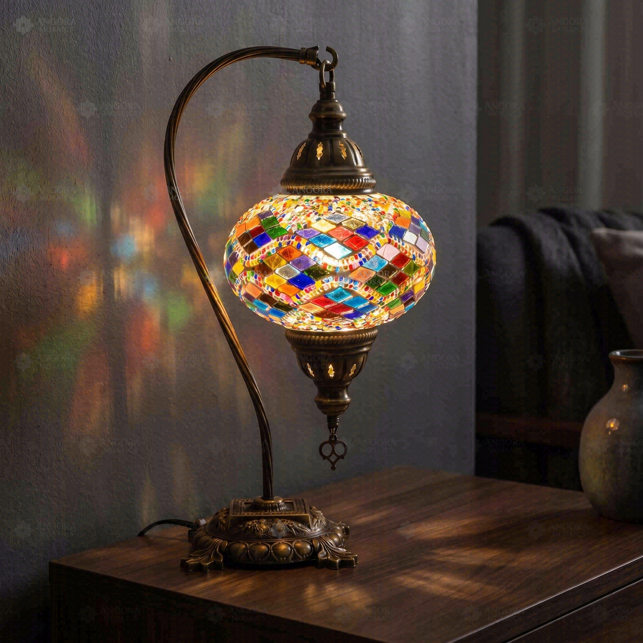 Multicolor multicolor jewel Turkish mosaic table lamp in styled room — handmade Moroccan table lamp (ENV DVN3002)