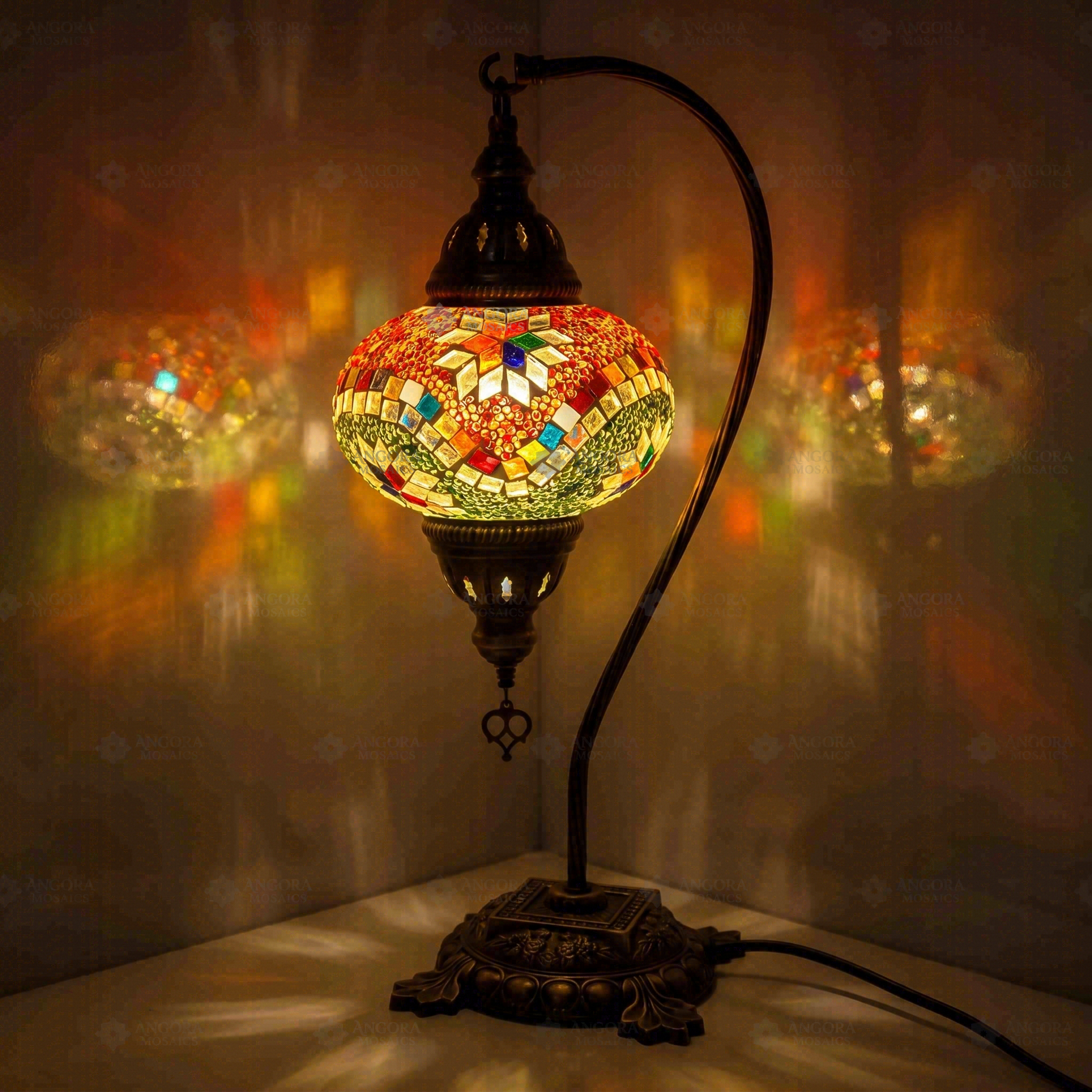 Multicolor Turkish mosaic table lamp illuminated, showing colorful light projection (ENV DVN3004)