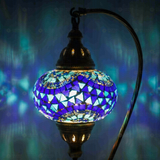 Lit close-up of mosaic glass globe — Blue table lamp glowing (ENV DVN3005)