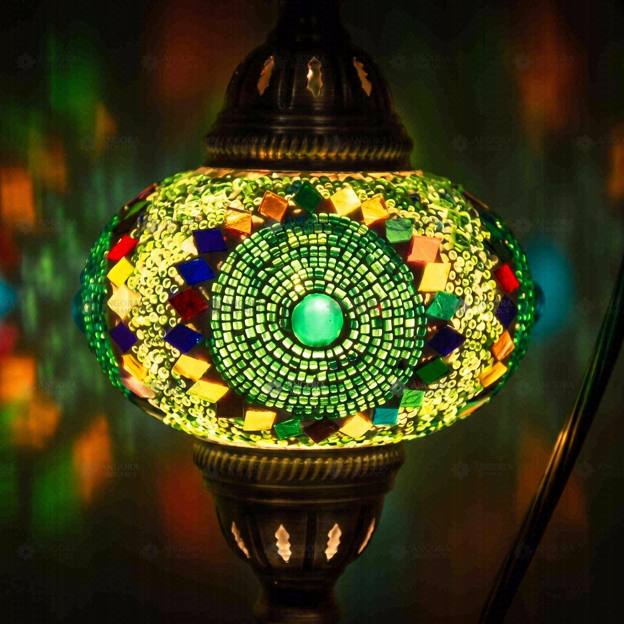 Lit close-up of mosaic glass globe — Green table lamp glowing (ENV DVN3006)