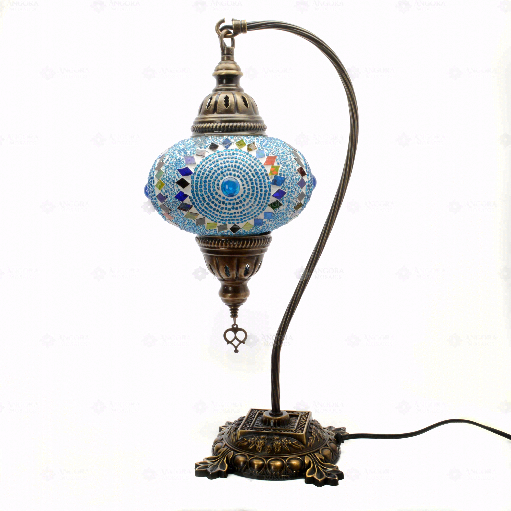 Full view of handmade Green green jewel Turkish mosaic table lamp on white background (ENV DVN3006)